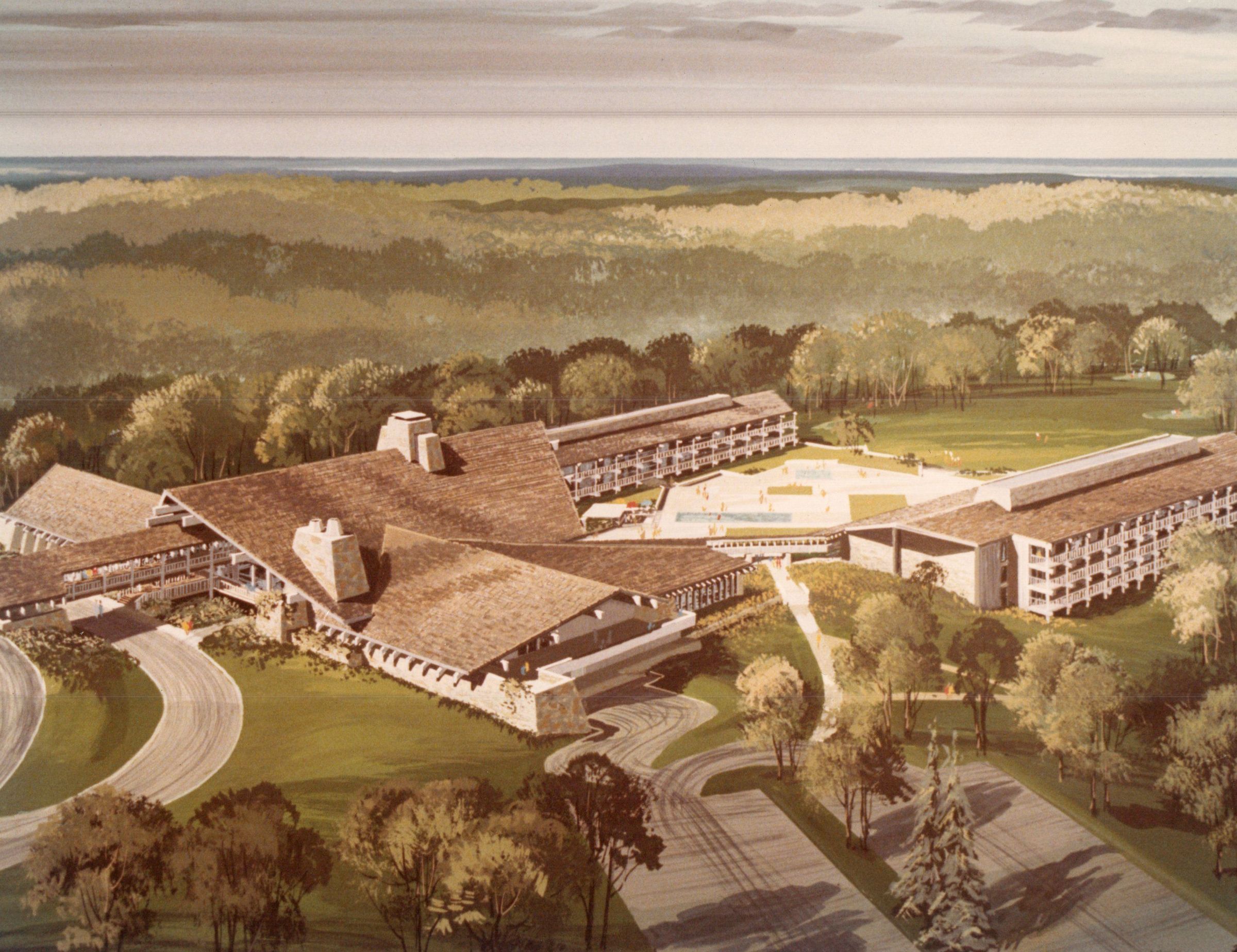 Salt Fork State Park - Salt Fork Lodge Rendering, ca. 1967-1968: The proposed rendering for Salt Fork State Park's lodge. ODNR Director Fred E. Moor first revealed these architectural renderings at the Top Management Night dinner of the Industrial Management Club of Southeastern Ohio. This event that brought together many of southeastern Ohio's leading businesspeople took place in early 1968 at Zanesville's Holiday Inn.