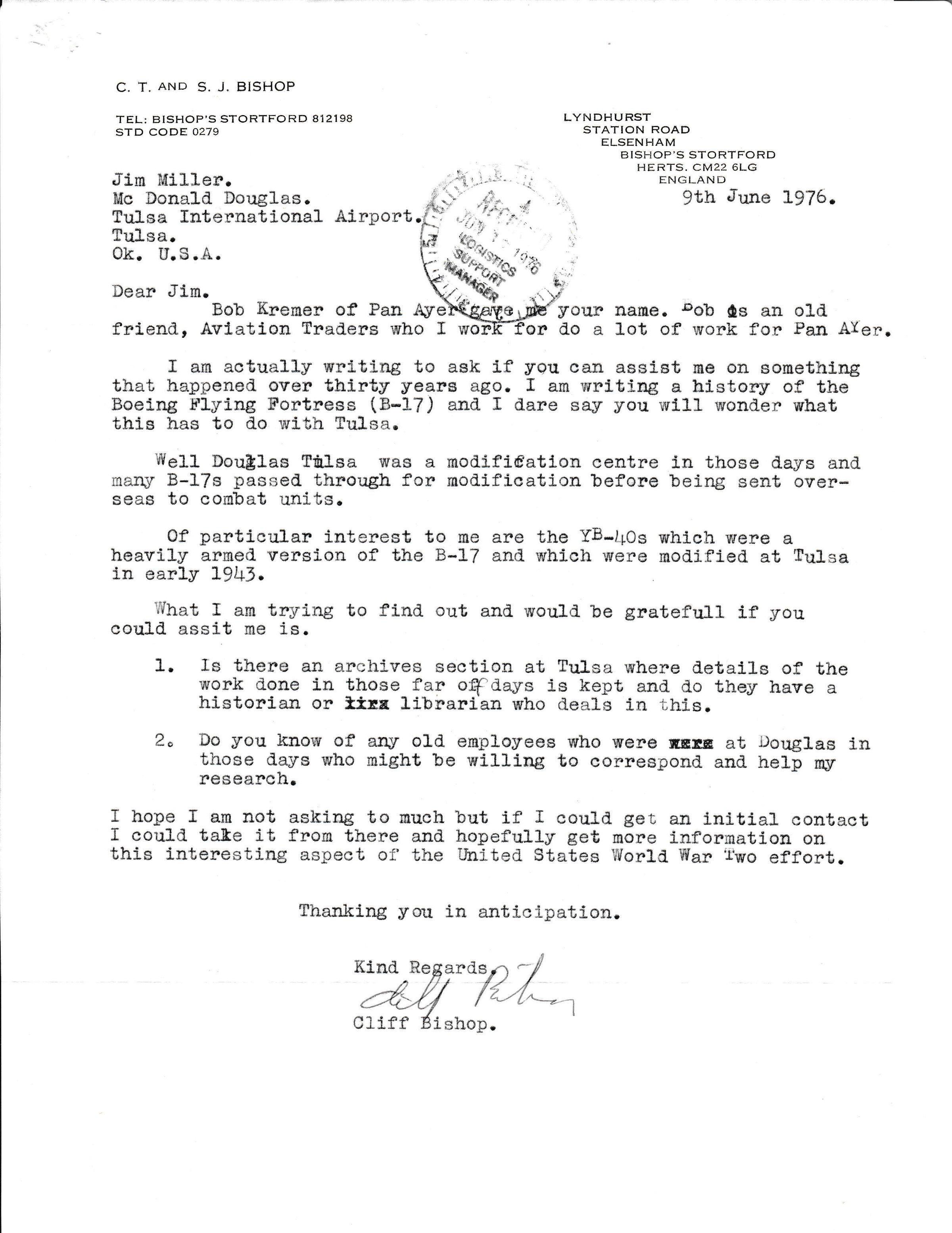 B-17 Letter Bishop to J Miller June 1976
