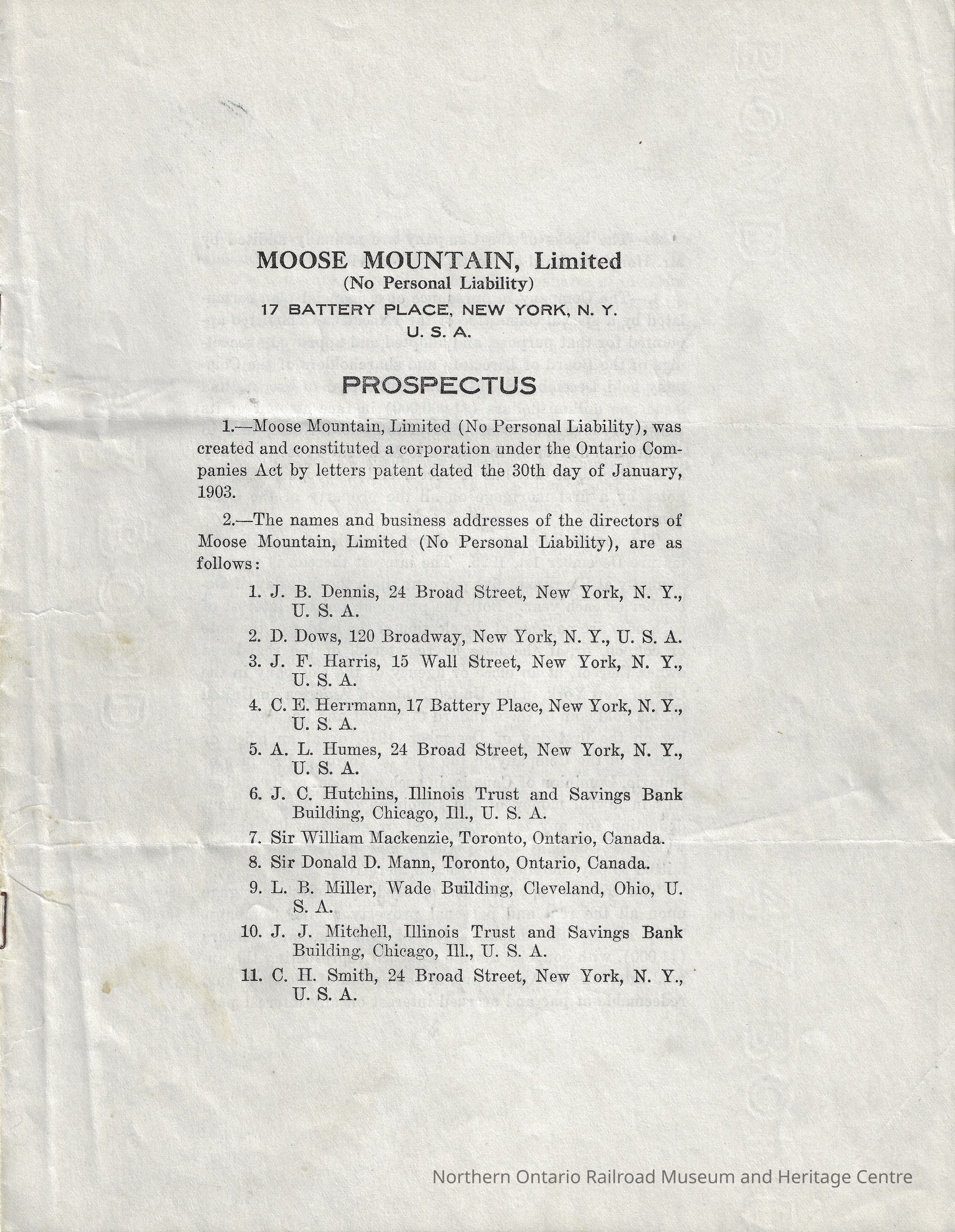 Prospectus: Note that two of the many signers at Sir William Mackenzie and Sir Donald Mann, controlling officers of the Canadian Northern Railway (CNoR) that served the original Sellwood mining operation