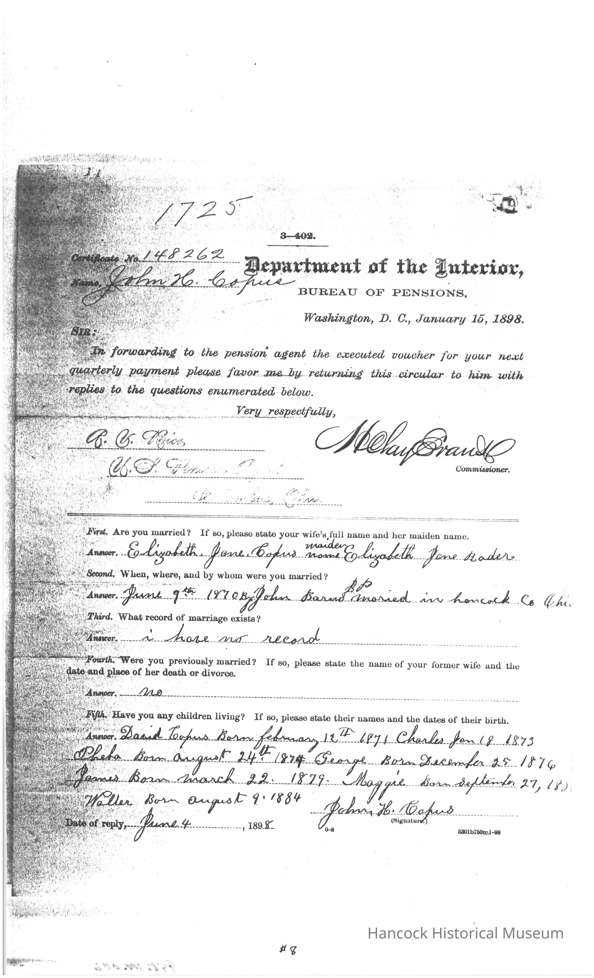 The image depicts an official document from the Department of the Interior, Bureau of Pensions, dated January 15, 1898, asking John H. Copus to return a circular to the pension agent with answers to questions about his marital status and family. The document includes spaces for responses regarding his wife, Elizabeth Jane Copus, whom he married on January 9, 1870, in Hancock County, with no record of marriage documented. It confirms John had no previous marriage and lists his living children, including David, Charles, Ida, George, Francis, Maggie, and Walter, with their birthdates ranging from 1871 to 1884. The form is signed by him on June 4, 1898.