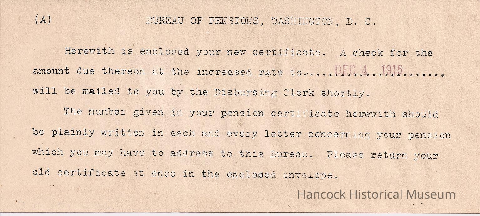 The image is a typed letter from the Bureau of Pensions in Washington, D.C., which states that a new pension certificate is enclosed and a check for the amount due at an increased rate as of December 4, 1915, will soon be mailed by the Disbursing Clerk. The recipient is instructed to clearly write the number from their pension certificate on all correspondence with the Bureau. Additionally, they are asked to return their old certificate using the provided envelope. The text is typewritten with a stamped date.