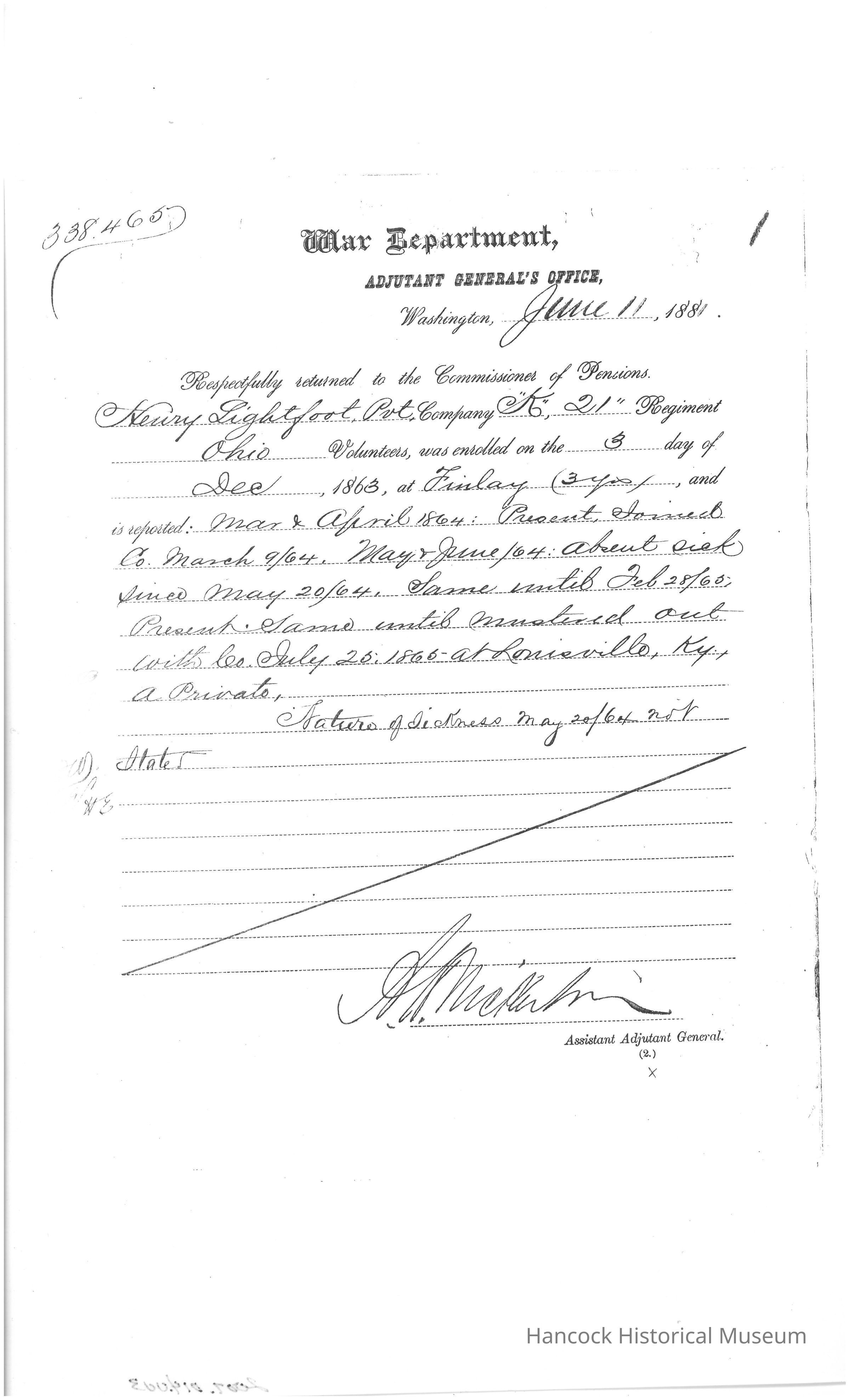 This image is a document from the War Department, Adjutant General's Office, dated June 11, 1881. It is addressed to the Commissioner of Pensions concerning a soldier named Henry Lightfoot, who served as a Private in Company K of the 21st Regiment, Ohio Volunteers. He was enrolled on December 8, 1863, in Findlay, Ohio. The document reports various statuses such as "Present absent" or "Absent sick" from March 1864 to June 1864, and similar reports continue until February 1865. It mentions that he remained present until mustered out on July 20, 1865, at Louisville, Kentucky. The document indicates "Nature of sickness may 30 fear not," and is signed by A. Meukin, Assistant Adjutant General, with an identification number 338,465 noted at the top.