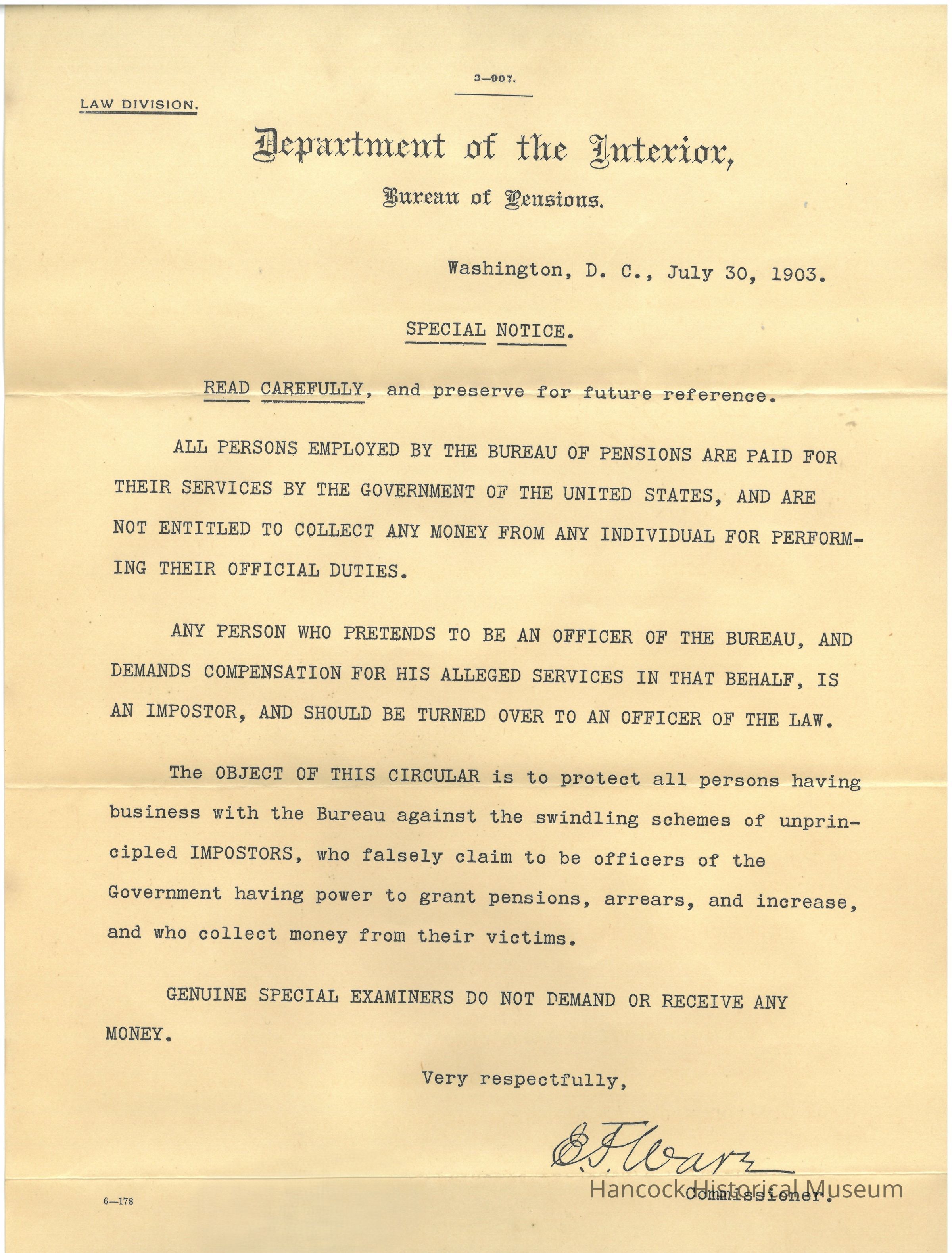 The image displays a historical document from the Department of the Interior, Bureau of Pensions, dated July 30, 1903. It is a special notice warning individuals about impostors pretending to be officers of the Bureau. It emphasizes that employees of the Bureau are paid by the U.S. government and should not collect money for their official duties. The document instructs that anyone pretending to be an officer and demanding money is a fraud and should be reported to the law. The notice seeks to protect the public from scams related to pensions. It ends with a message underscoring that genuine examiners do not demand or receive compensation, and it is signed by the Commissioner.