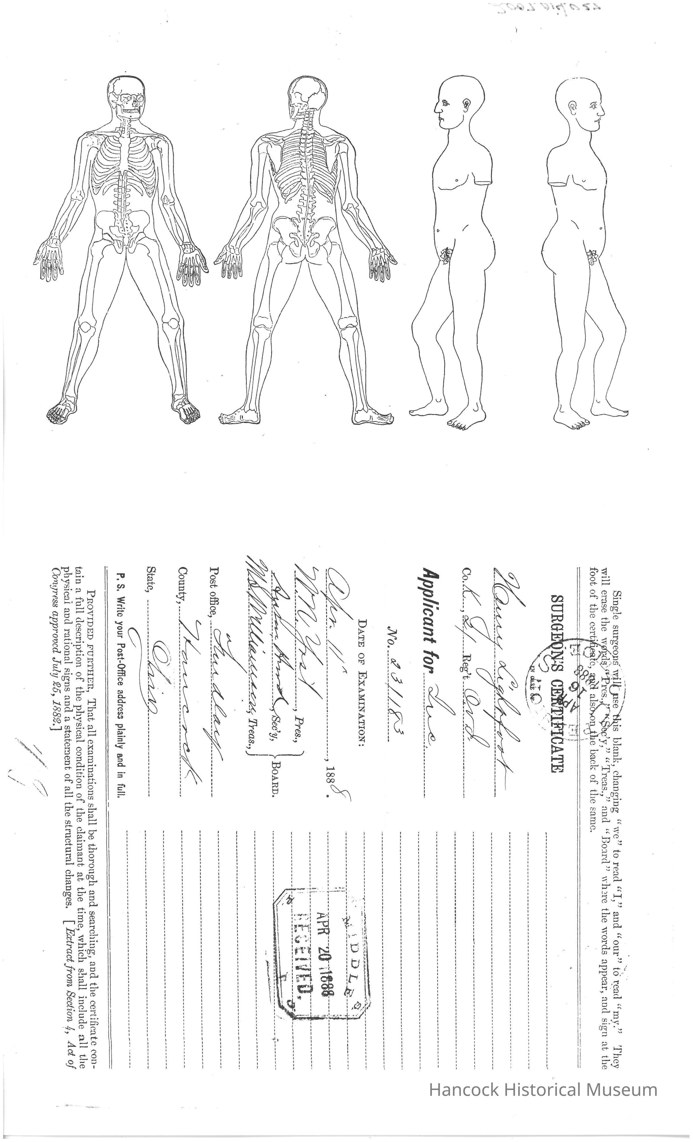 The image appears to be a military medical examination document for Henry Lightfoot, associated with Company K of the 21st Ohio Volunteer Infantry (OVI). The document includes anatomical drawings illustrating front, back, and side views of the human skeletal and muscular structure, suggesting a focus on the physical examination of the applicant. It is titled "Surgeon's Certificate" and contains spaces for personal details such as name, regiment, and post office, filled in with handwritten notes. The date of examination is listed as October 23, 1888, and there is a stamp indicating it was received on April 20, 1888. Additionally, it mentions the location as Findlay, Hancock County, Ohio, and provides instructions for writing the post office address in full. The document emphasizes thoroughness in examinations and the requirement for detailed records.