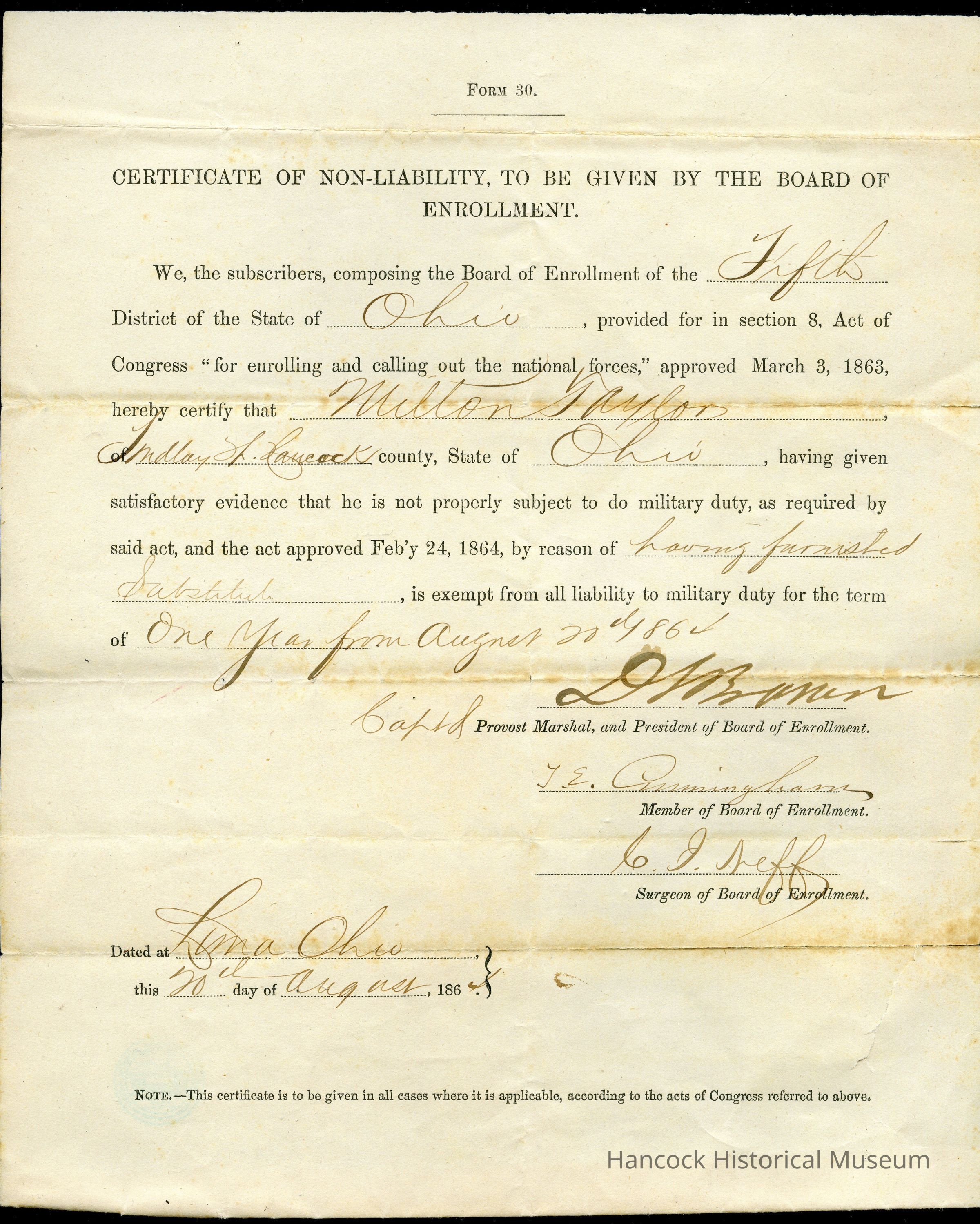 The image is a certificate labeled "Form 30" titled "Certificate of Non-Liability, to be Given by the Board of Enrollment." It is issued by the Board of Enrollment of the Fifth District of the State of Ohio. The certificate, as per the Act of Congress approved on March 3, 1863, declares that Milton Meyer of Hancock County, Ohio, is exempt from military duty, as required by the act approved on February 24, 1864, because he has furnished satisfactory evidence. Meyer is exempt from military duty for one year starting from August 22, 1865. The document is signed by several officials including C. H. Conrads, Provost Marshal, and T. E. Cunningham, Member of the Board of Enrollment, as well as C. I. Neff, Surgeon of the Board of Enrollment. It is dated at Lima, Ohio, on the 21st day of August, 1865.
