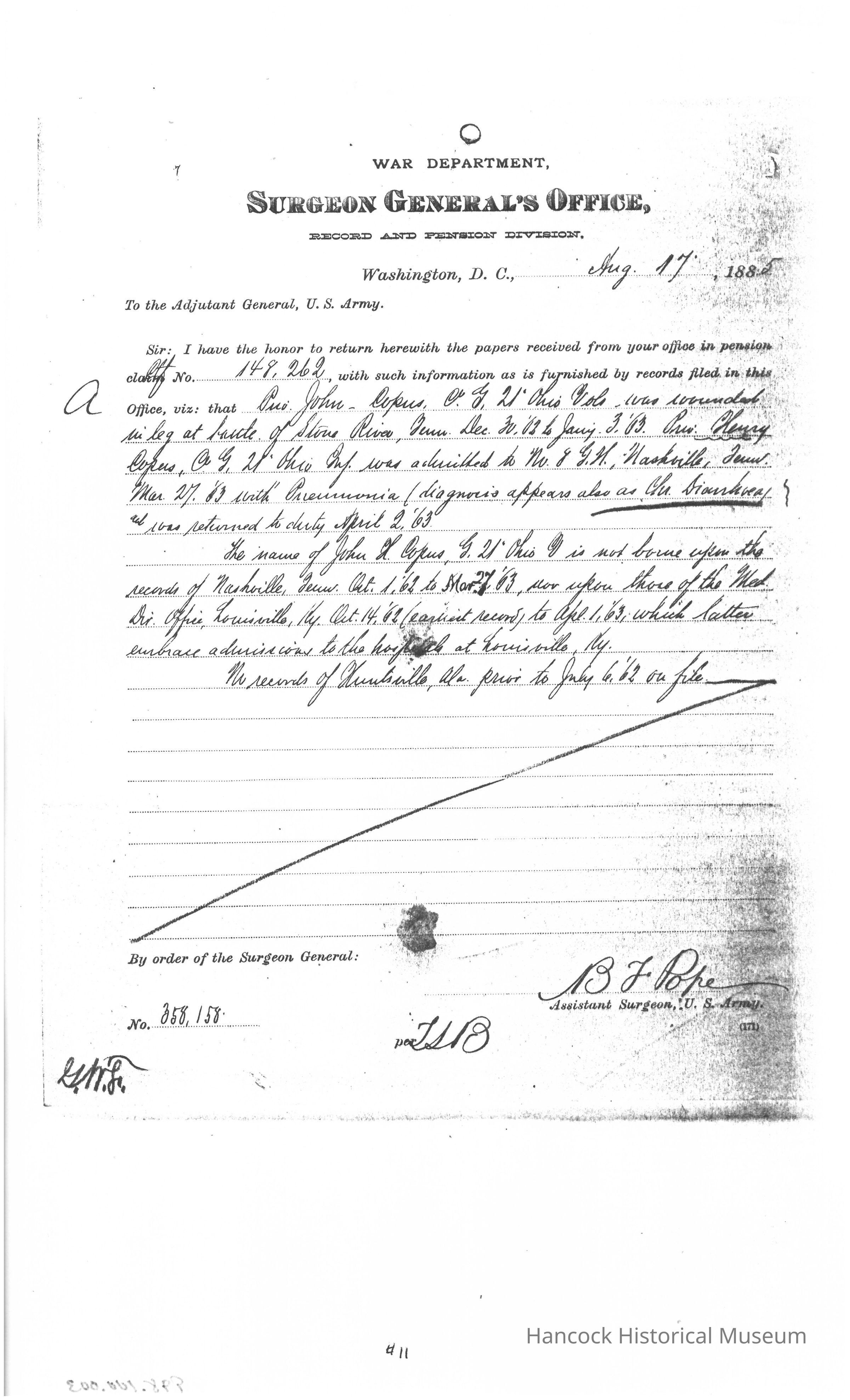 The document is from the War Department's Surgeon General's Office, specifically the Record and Pension Division, dated August 17, 1885, and addressed to the Adjutant General of the U.S. Army. It details the medical records of Private John H. Copus of Company G, 21st Ohio Volunteers, who was wounded in the leg during the Battle of Stone River, Tennessee, on December 31, 1862. Subsequently, Copus was admitted to the hospital in Nashville, Tennessee, on February 27, 1863, suffering from pneumonia. He was later returned to duty on April 2, 1863. It mentions difficulty in tracing some records and includes handwritten notes and signatures indicating the order's authorization by the Surgeon General.