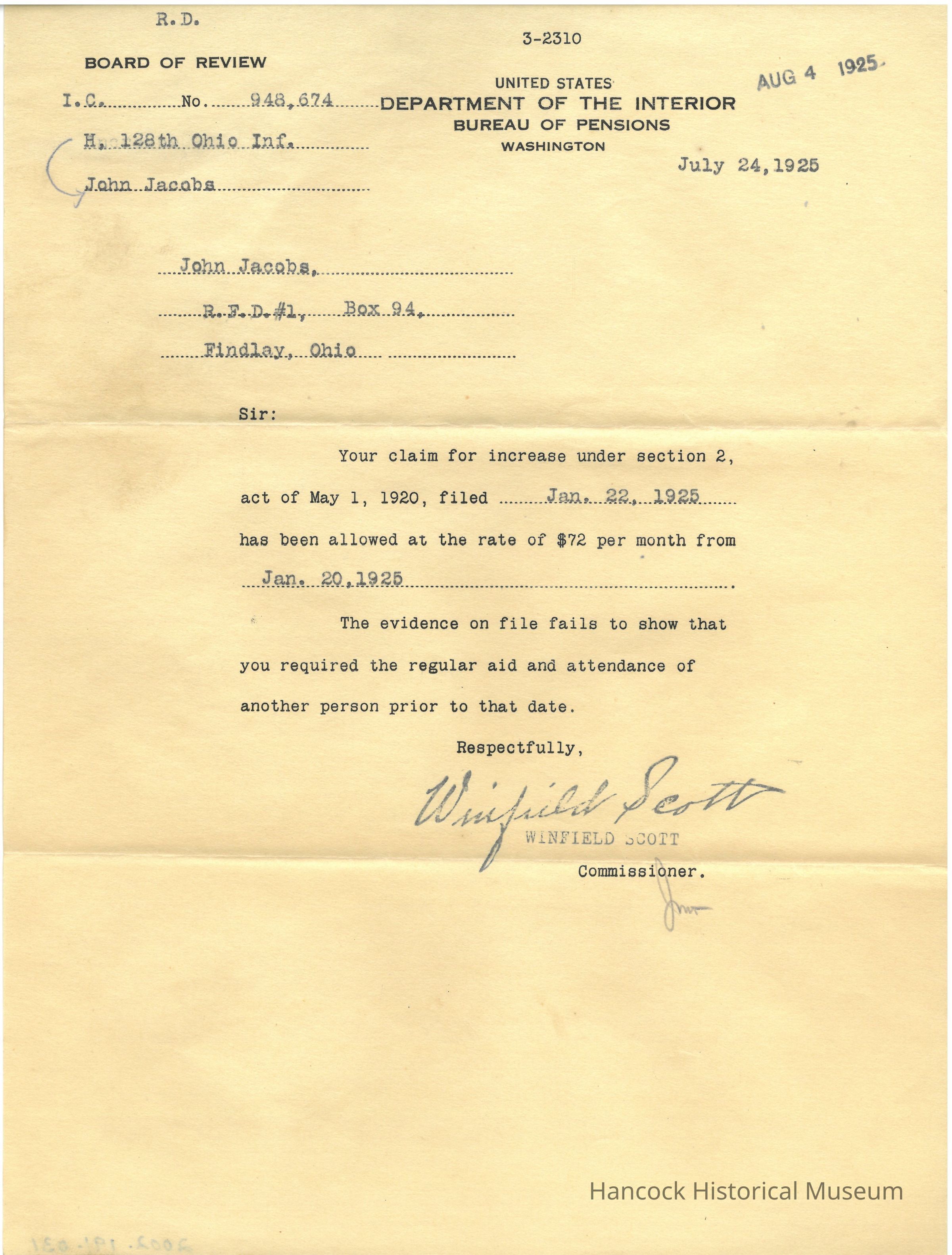 The image is a document from the United States Department of the Interior, Bureau of Pensions, dated July 24, 1925, addressed to John Jacobs at an Ohio address. It references a claim for pension increase under the act of May 1, 1920, filed on January 22, 1925. The claim has been allowed at a rate of $72 per month starting January 20, 1925, but the document notes that evidence does not show he required regular aid and attendance of another person prior to that date. The document is signed by Winfield Scott, the Commissioner, and stamped with a date of August 4, 1925.