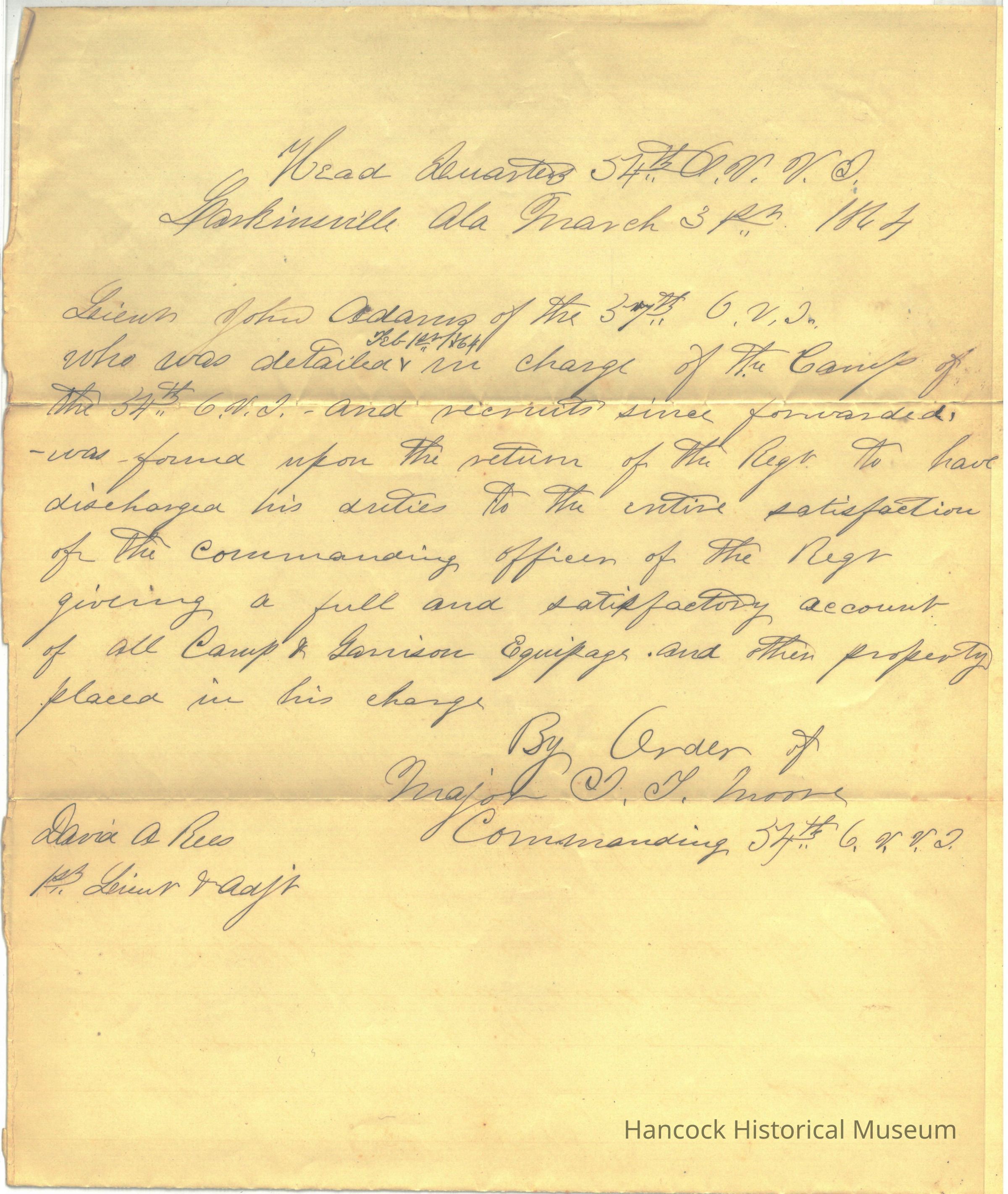 The image shows a handwritten letter dated March 3, 1864, from Headquarters, 37th C.V.I.S. in Larkinsville, Alabama. The letter addresses Lt. John Adams of the 37th C.V.I. and commends him for successfully fulfilling his duties involving the management and account of camp and garrison equipment. The letter is written in cursive and signed by Major J.T. Moore, who ordered the letter. The handwriting appears slightly faded on aged paper, giving it a historical appearance. The document serves as an official record, communicating appreciation and confirming that Lt. Adams met the expectations of his superior, offering a detailed account of his responsibilities for maintaining equipment and property under his charge. The overall tone is formal, serving as a testament to Lt. Adams' performance and adherence to duties within the structured military environment of the time. The document reflects the bureaucratic processes typical of military operations in the 19th century.