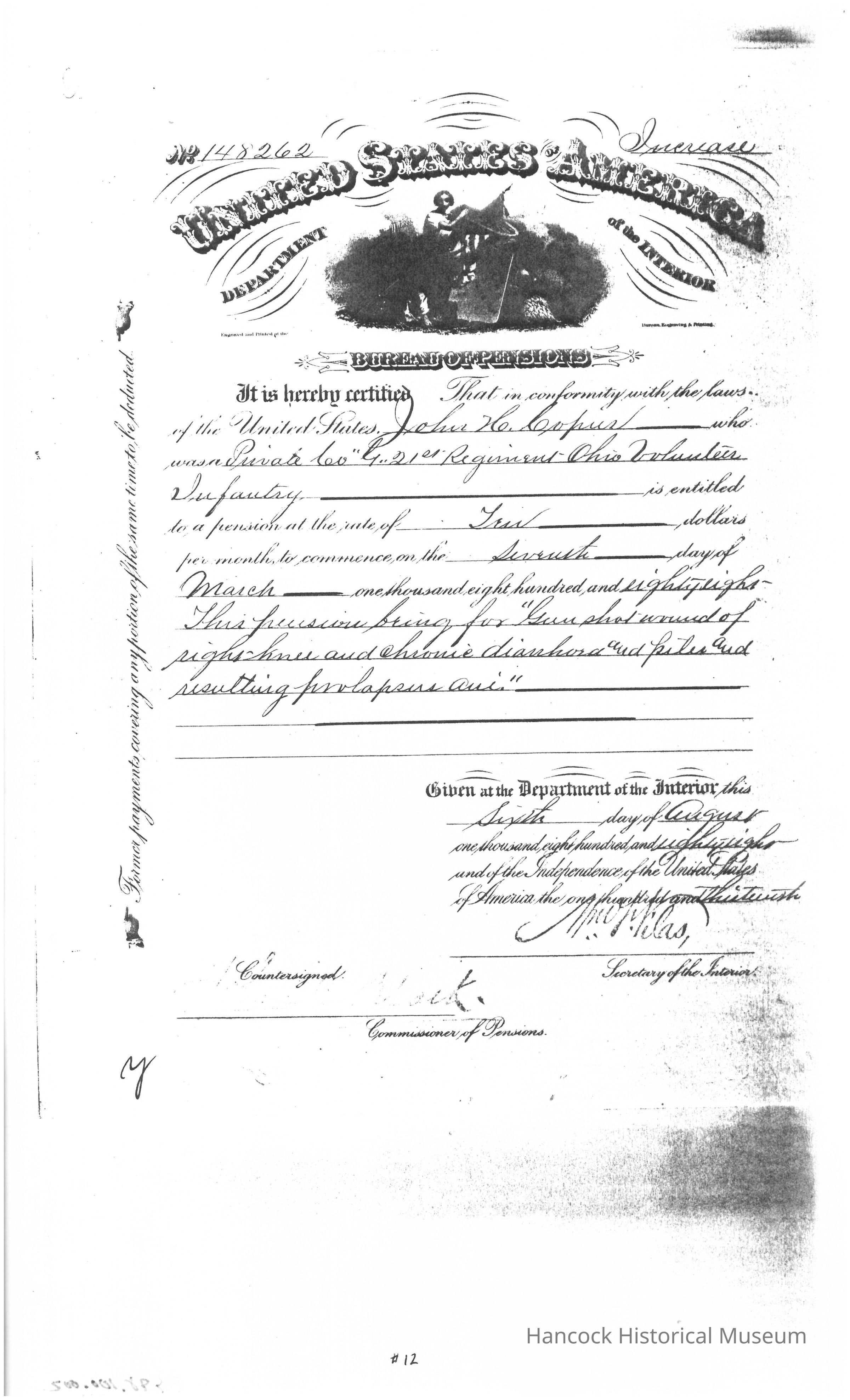 The image shows an official document titled "United States of America Department of the Interior Bureau of Pensions," which certifies that a person named John H. Copus, who served as a Private in Company C, 21st Regiment Ohio Volunteers, is entitled to a pension due to disabilities specified as "gunshot wounds of right knee and chronic diarrhea" resulting from his service. It states the pension rate, beginning on the sixth day of March in the year 1898. The document is dated the sixth day of August, 1898, and is signed by representatives from the Department of the Interior, including the Commissioner of Pensions, with additional ornate design elements and text.