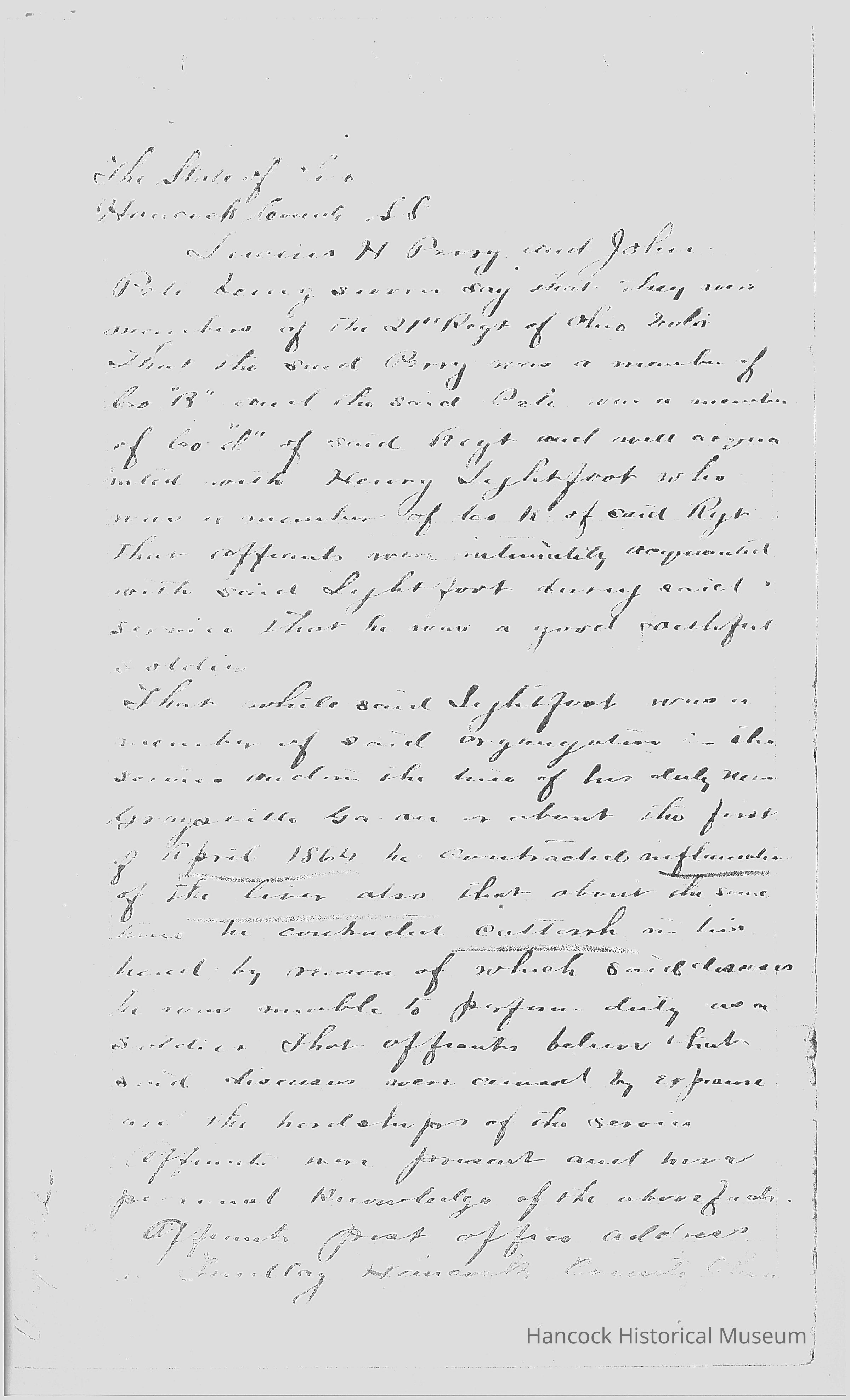 The image is a handwritten document that pertains to the military service of Henry Lightfoot, who served in Company K of the 21st Ohio Volunteer Infantry (OVI). It appears to be an affidavit or testimonial, mentioning individuals named Lewis H. Perry and John, who are attesting to their acquaintance with Henry Lightfoot during his service. The text indicates that Lightfoot contracted an illness, possibly influenza and catarrh, around April 1864, which affected his ability to perform duties. The document is likely related to claims or records regarding his health and service, with emphasis on personal knowledge of his condition and the circumstances he endured.