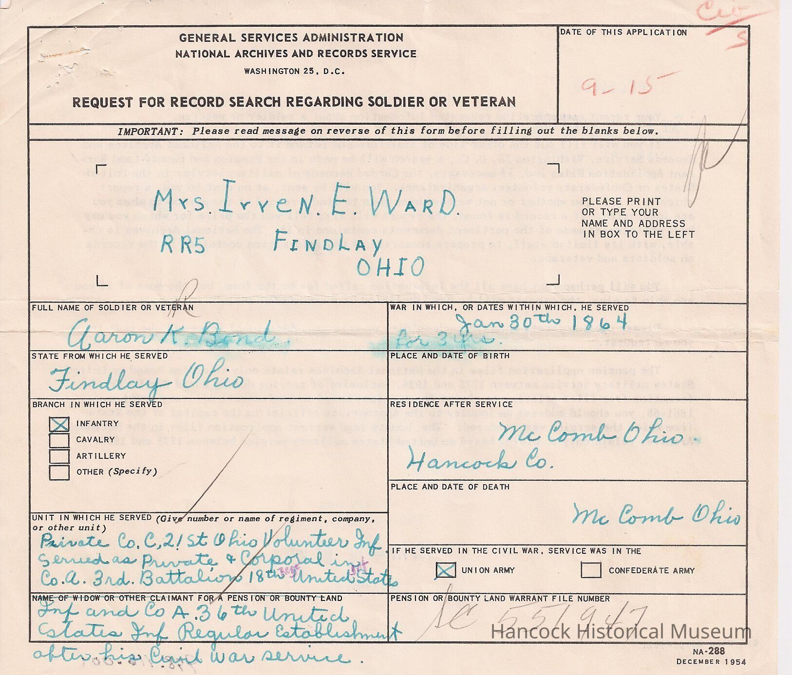 The image is a form from the General Services Administration National Archives and Records Service in Washington, D.C., titled "Request for Record Search Regarding Soldier or Veteran." It is addressed to Mrs. Irven E. Ward from Findlay, Ohio. The form details information about a soldier named Aaron K. Bond, who served during the Civil War from Findlay, Ohio. He enlisted on January 30, 1864, in the Infantry branch and served as a private in Company C, 21st Ohio Volunteer Infantry. He also was a corporal in Company A, 3rd Battalion, 18th United States Infantry, serving the United States Regular Army after the Civil War. His residence after service was in McComb, Ohio, Hancock County, where he also died. The pension or bounty land warrant file number is listed as 556947, and the form is dated December 1954.