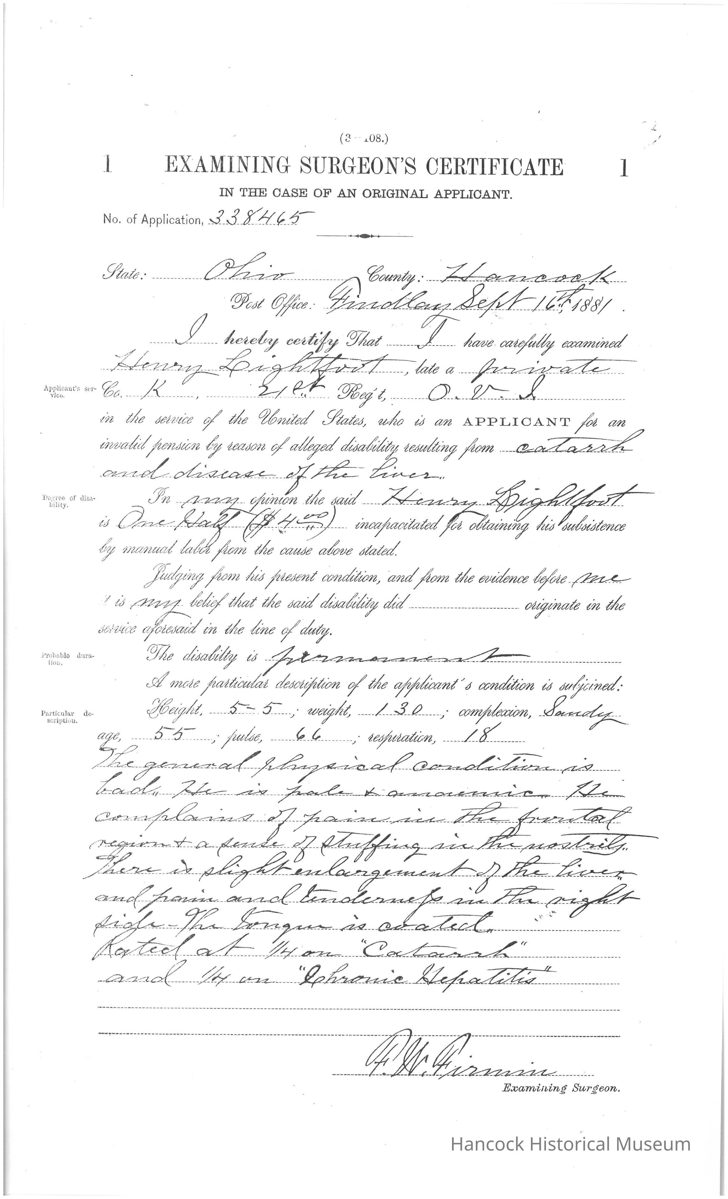 The image is an "Examining Surgeon's Certificate" for an original application, specifically for Henry Lightfoot from Co. K, 21st O.V.I. It is dated September 17, 1881, and is issued from Arcadia in Hancock County, Ohio. The document certifies that the examining surgeon has evaluated Henry Lightfoot, who served as a private in the Union forces and is seeking an invalid pension due to disabilities from catarrh and liver disease. The surgeon opines that Lightfoot is one-half incapacitated for earning a livelihood due to these disabilities, which are believed to have originated during service. The certificate details his physical description and health condition, noting a fair general physical condition but highlighting issues such as hepatic enlargement. The disability is determined as permanent, warranting a pension for Lightfoot.