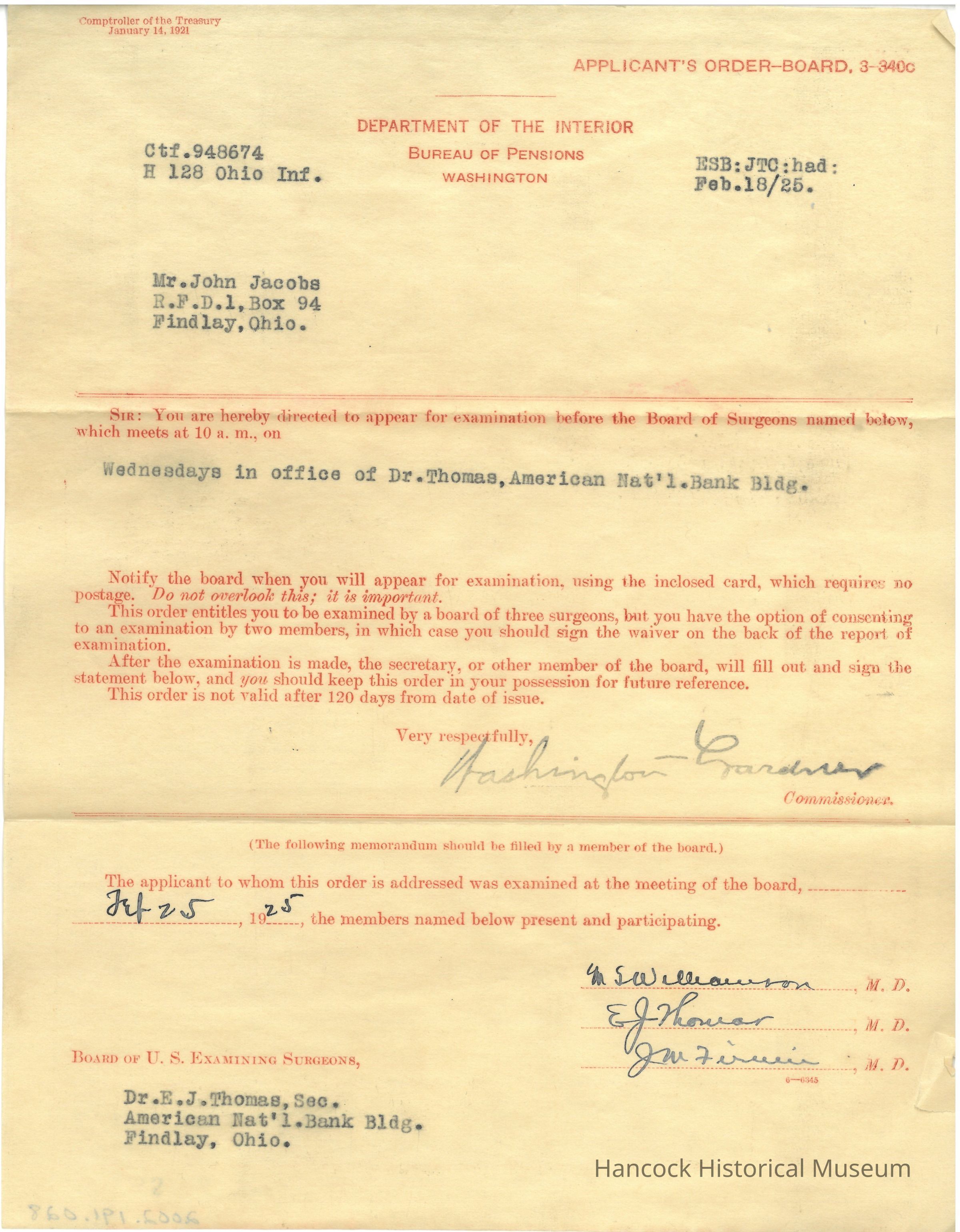 The image is a formal letter from the Department of the Interior, Bureau of Pensions, dated February 18, 1925, directed to Mr. John Jacobs from Findlay, Ohio. It instructs him to appear for an examination conducted by a Board of Surgeons at the office of Dr. Thomas in the American National Bank Building on Wednesdays at 10 a.m. The letter emphasizes the importance of attending the examination and provides directions for either a three-surgeon board or opting for a two-member examination with a waiver. The document is signed by a commissioner and also has a section for the board members to fill out, confirming attendance. The names of three surgeons, S. Williamson, E. J. Thomas, and J. M. Ferrine, are listed as examiners.