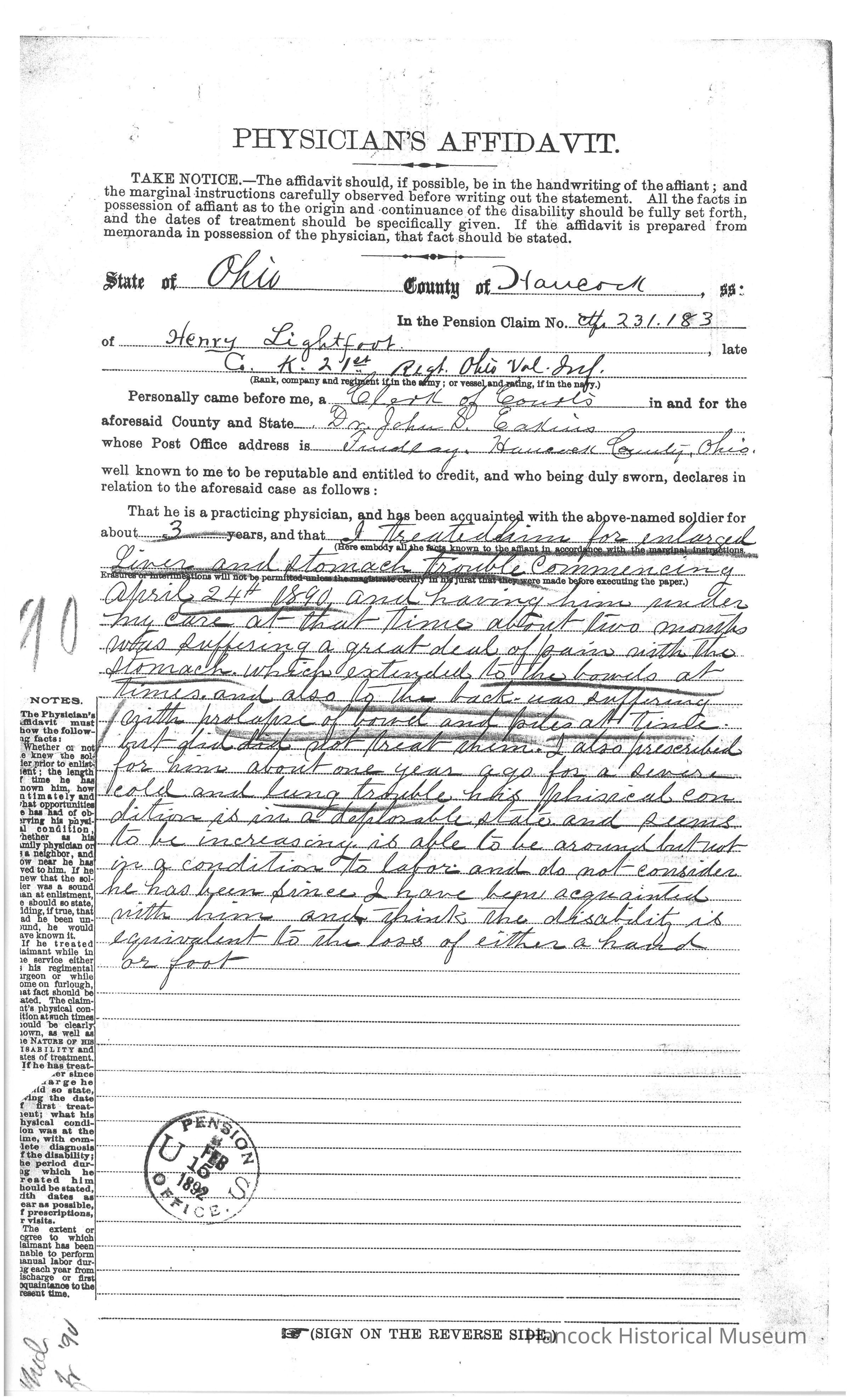 The image is a document titled "PHYSICIAN'S AFFIDAVIT," related to a pension claim for Henry Lightfoot of Company K, 21st Ohio Volunteer Infantry. It was filed in Ohio, County of Marion, on April 24, 1889. The affidavit includes handwritten testimony from a practicing physician who has known Henry Lightfoot for three years, detailing Lightfoot's medical condition and incapacity for labor. The physician describes Lightfoot’s suffering from injuries sustained during his service, observing pain in the hip, knee, and shoulders, and mentions Lightfoot is unable to perform certain labor tasks due to his condition. The affidavit is noted officially with a Pension Office stamp dated June 19, 1890.