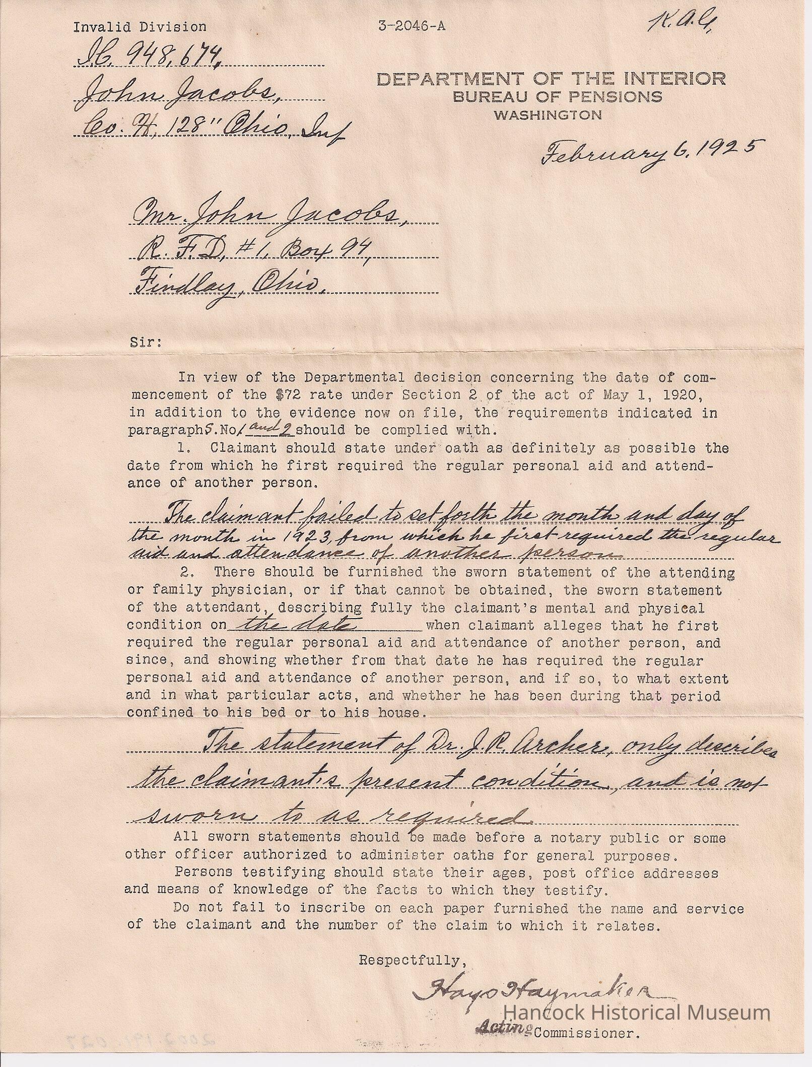 The image depicts a formal letter from the Department of the Interior, Bureau of Pensions, dated February 6, 1925, addressed to Mr. John Jacobs in Findlay, Ohio. It references pension claim number 948674 and outlines requirements related to the $72 rate under Section 2 of an act from May 1, 1920. The letter instructs the claimant to provide sworn statements under oath about the need for personal aid, specifying the requirement for detailed accounts of physical and mental condition from an attending physician. Emphasis is placed on the need for concrete evidence and proper notarization to support the claim process. The letter is signed by an acting commissioner, Hays Haymaker.