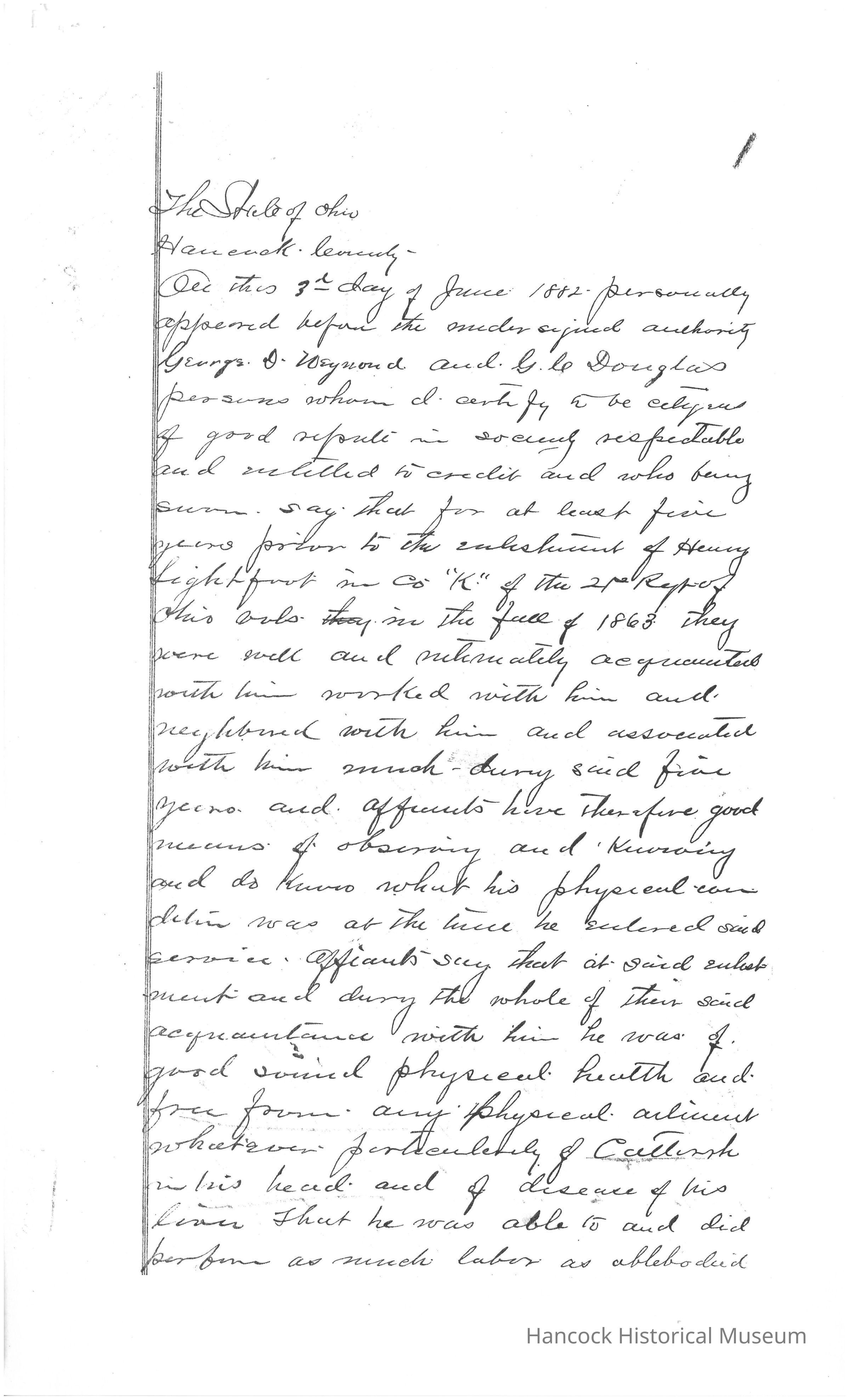 The image is a historical document or affidavit from Hancock County, Ohio, dated June 21, 1882, concerning Henry Lightfoot of Company K, 21st Regiment Ohio Volunteer Infantry. The handwritten text is a testimony by two individuals, George D. Weymond and G. L. Douglas, who verify the character and physical condition of Henry Lightfoot prior to and during his military service, which began in the fall of 1861. They affirm that Lightfoot was known to them as a man of good reputation and in sound health, free from any physical ailments, and capable of performing labor equivalent to an able-bodied individual.