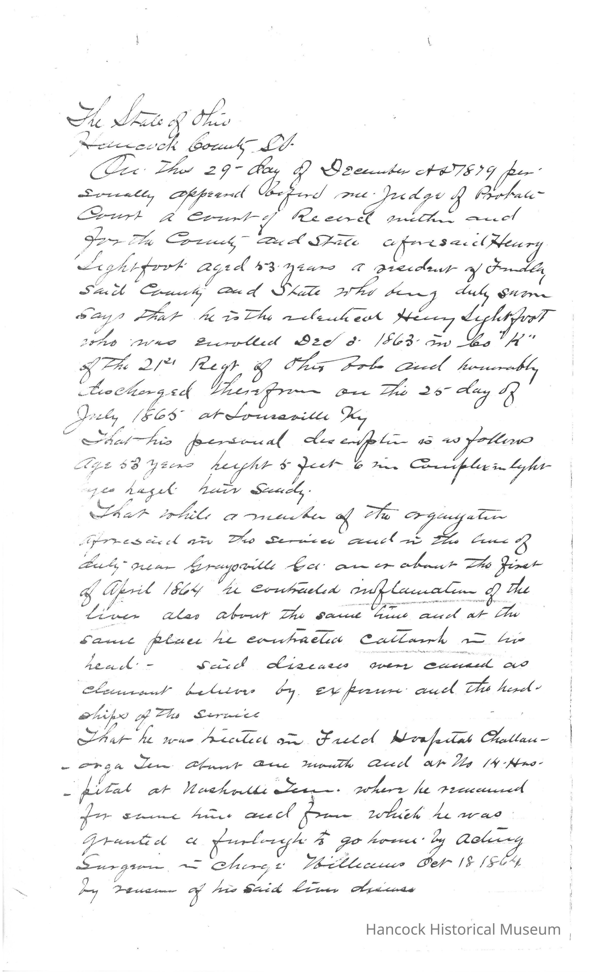 The image is a handwritten document from Hancock County, Ohio, dated December 29, 1879. It is a sworn statement given by Henry Lightfoot, aged 63, who is identified as having served in Company K of the 21st Regiment of the Ohio Volunteer Infantry (OVI) during the Civil War. The document details that he enlisted on December 9, 1863, and was honorably discharged on July 20, 1865, in Louisville, Kentucky. Furthermore, it provides a physical description of Lightfoot, stating he was 5 feet 6 inches tall, with a light complexion and sandy hair. It also notes that during his service, he contracted inflammation of the liver and catarrh, likely due to exposure and hardships.