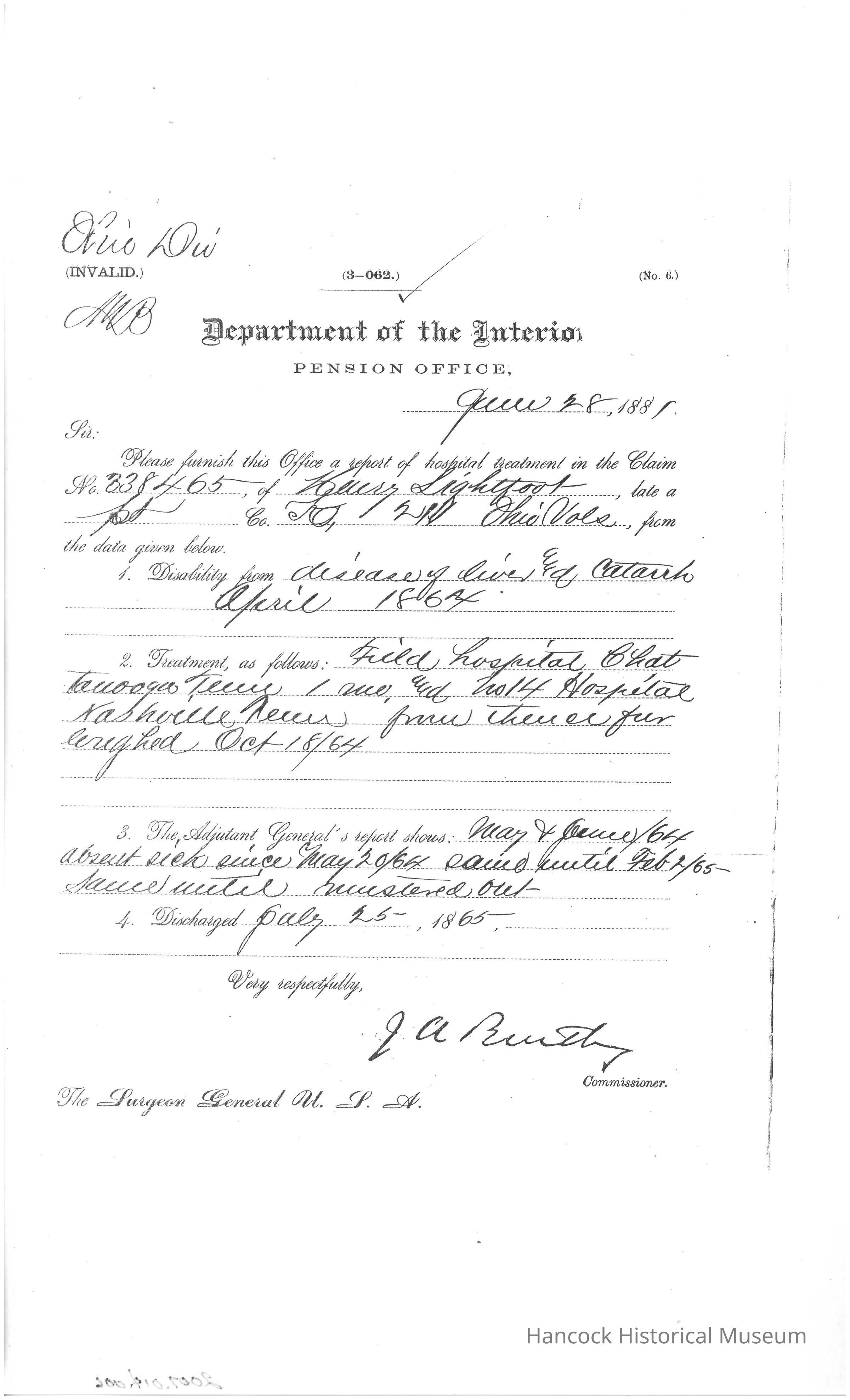 The image shows a historical document from the Department of the Interior, Pension Office, dated June 26, 1885, regarding Henry Lightfoot from Company K, 21st Ohio Volunteer Infantry (OVI). It is a request for a report on hospital treatment for a claim numbered 382,765. The document notes Lightfoot's disability from a disease of the chest, beginning in April 1864, his treatments at field hospitals in Chattanooga, Tennessee, and Nashville, Tennessee, and his engagement there until October 1864. The Adjutant General's report indicates his service dates, with notable entries on May 7 and June 6, 1864. The document further mentions his discharge on July 25, 1865. It is signed by J.A. Bentley, Commissioner, and addressed to the Surgeon General, USA.