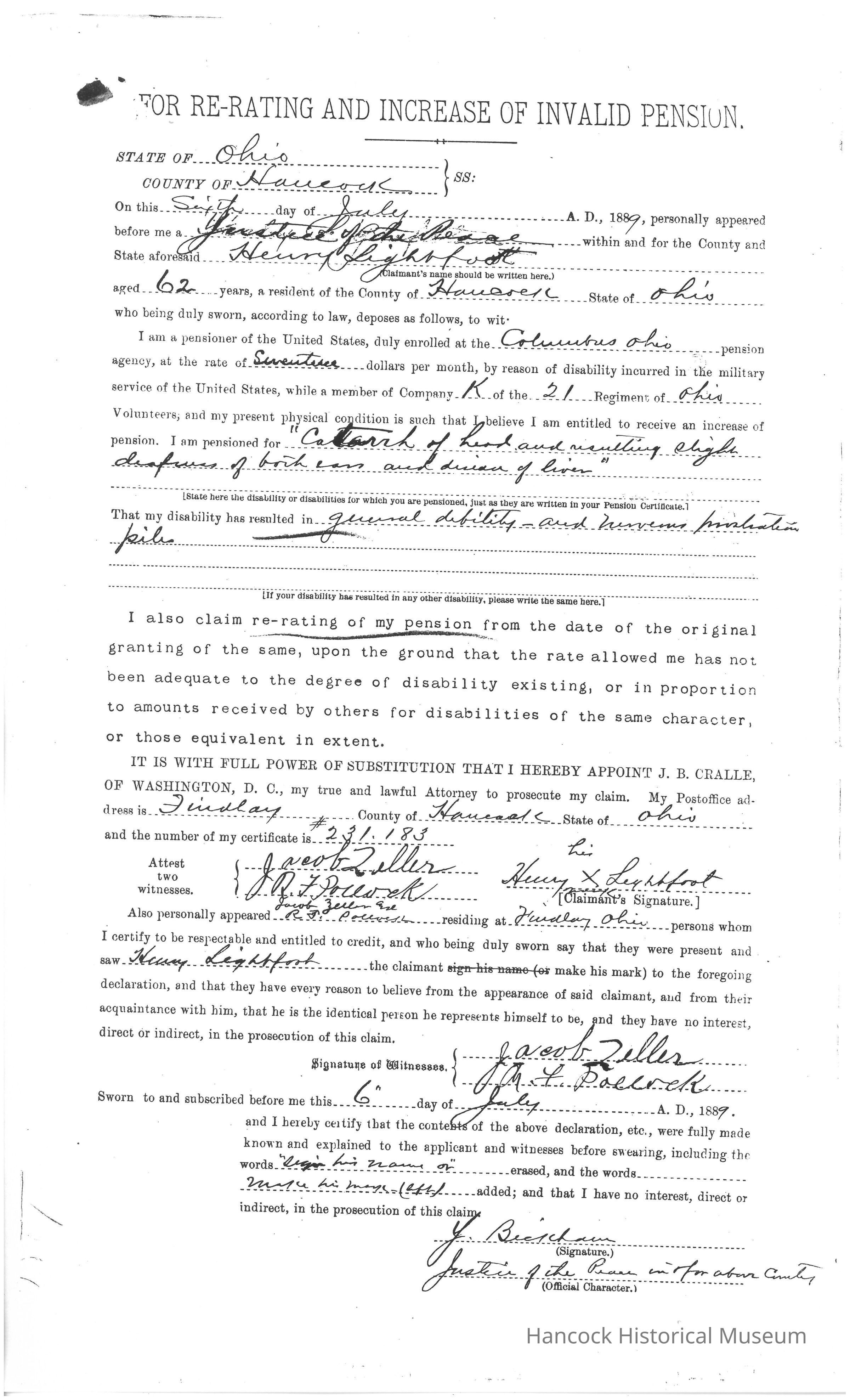 The image is a historical document related to Henry Lightfoot's application for the re-rating and increase of his invalid pension. It specifies that he is a resident of Hancock County, Ohio, aged 62, and served in Company K of the 21st Ohio Volunteer Infantry. The document is dated July 6, 1897, and was signed by Henry Lightfoot, who testifies regarding his military service and his health conditions, which include catarrh of the head, resulting in pain and general debility. The application is supported by witnesses Jacob Zollers and R.J. Pursell, affirming Henry Lightfoot’s identity and claims.