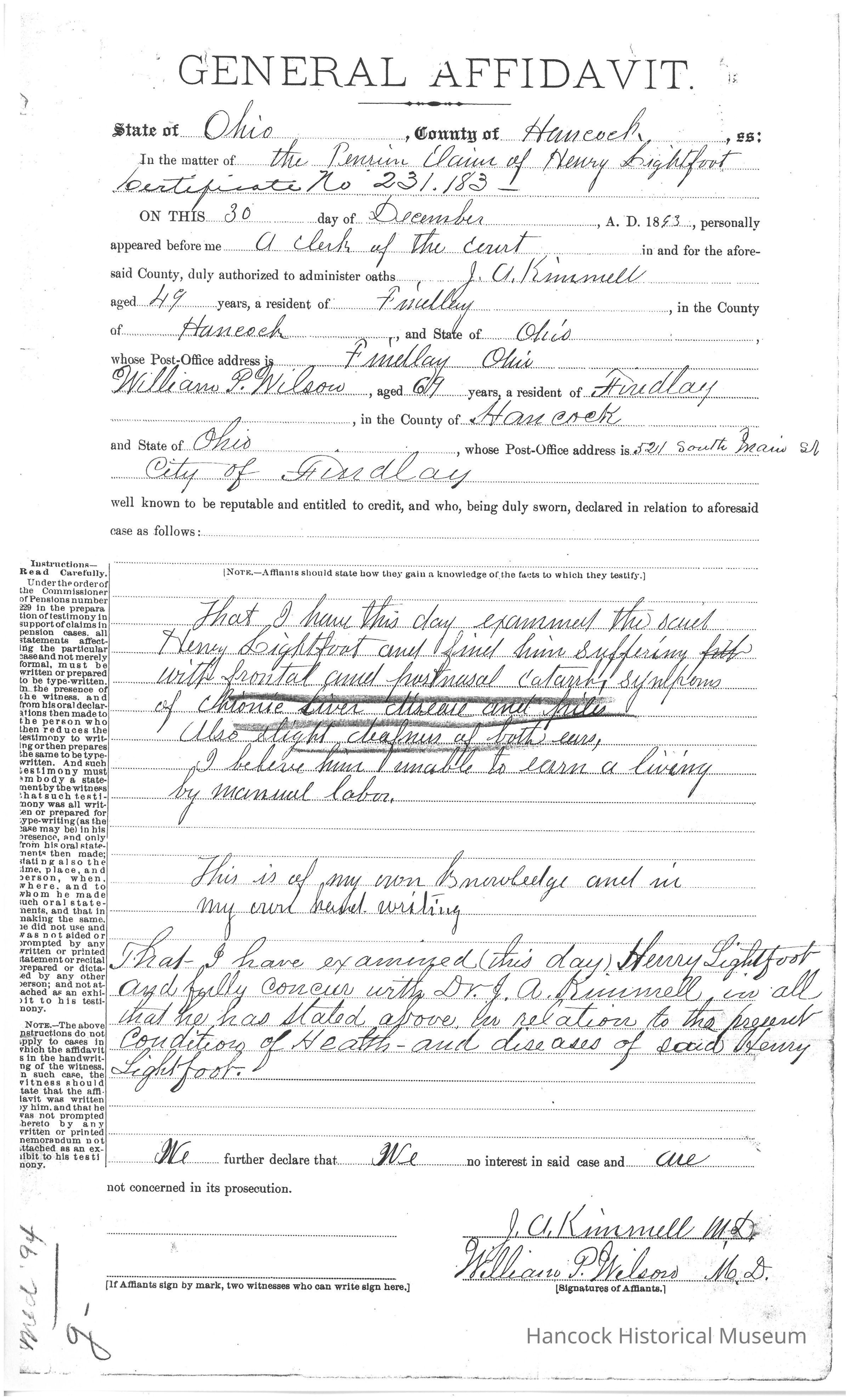 The image is a historical document titled "General Affidavit" from the state of Ohio, Hancock County, dated December 30, 1883. It pertains to the pension claim of Henry Lightfoot, associated with Company K of the 21st Ohio Volunteer Infantry. J.C. Krinnell and William P. Wilson, both physicians, provide sworn statements regarding Lightfoot's health condition, asserting that he suffers from physical ailments which impede his ability to earn a living through manual labor. Their testimonies are handwritten and certified by their signatures at the bottom of the document.
