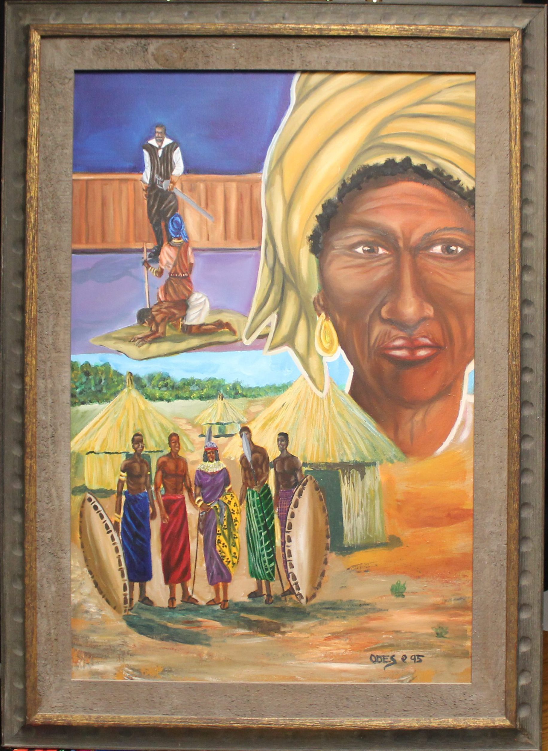 Whole painting: This painting depicts three vignettes. The top right is a portrait of a woman with a gold earring and yellow head wrap. The top left depicts a man with a sword standing over someone who looks to be protecting a man on the ground. The bottom left shows five villagers with shields, spears, and colorful clothing with three huts in the background.