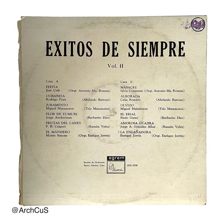 LP record "Exitos de siempre Vol. II" (Guamá / EGREM, LDG-2018) - Image 2