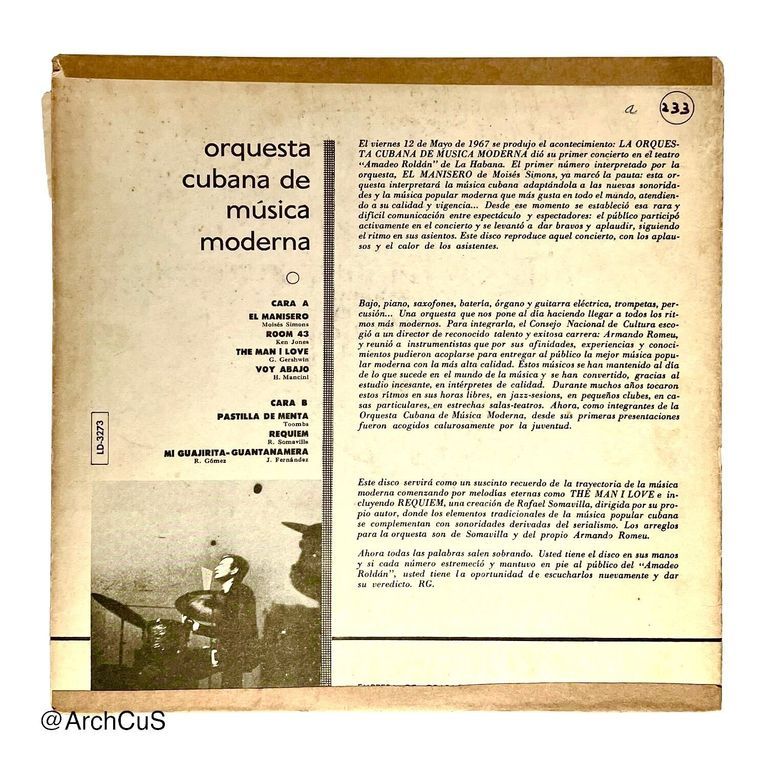 LP record "Orquesta Cubana de Música Moderna" (Areíto/EGREM 12″ 33⅓ rpm LP, LD-3273) - Image 2