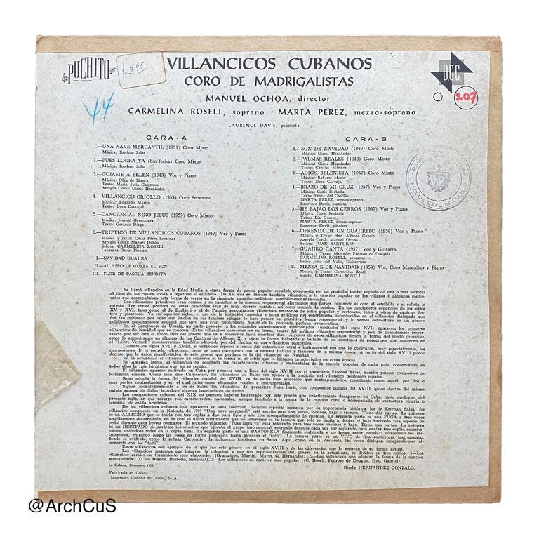 LP record "Villancicos cubanos" — Coro de Madrigalistas, directed by Manuel Ochoa (Puchito 12″ 33⅓ rpm LP, SP-112; matrix ICD-251) - Image 2