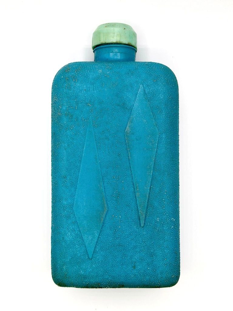 Refrigerator water bottle / flat flask, textured blue with green screw cap