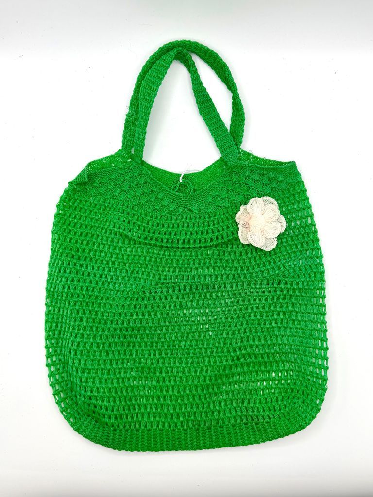 Mesh Plastic Handbag with Flower Appliqué (bolso / "jaba"), green