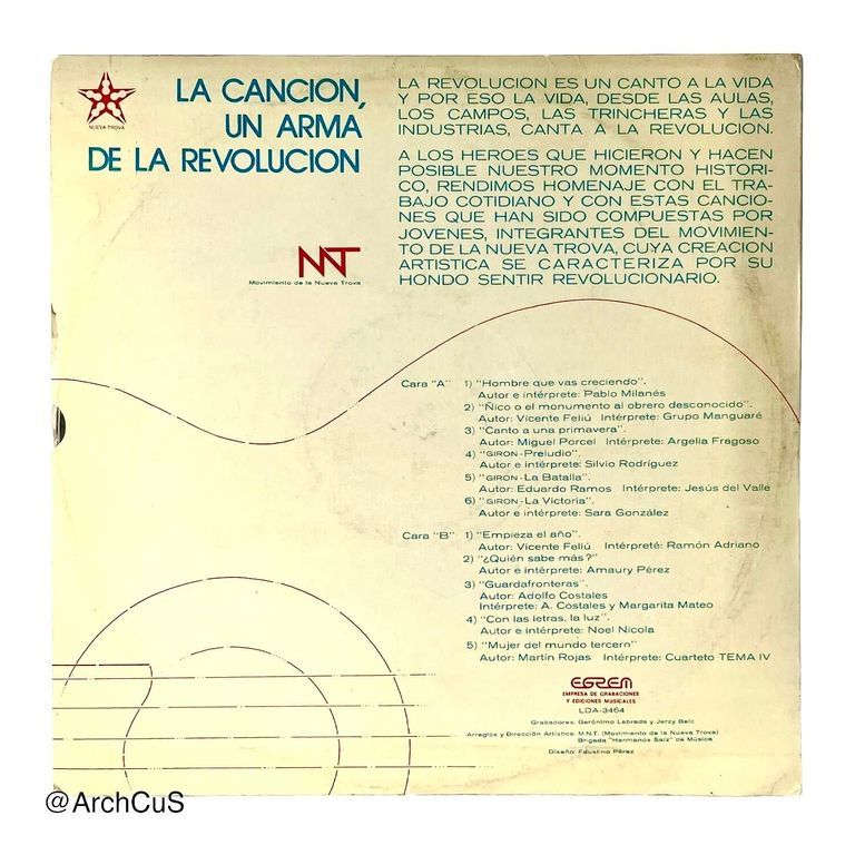 LP record "La canción, un arma de la revolución" — Movimiento de la Nueva Trova (Areíto/EGREM 12″ 33⅓ rpm LP, LDA-3464) - Image 2