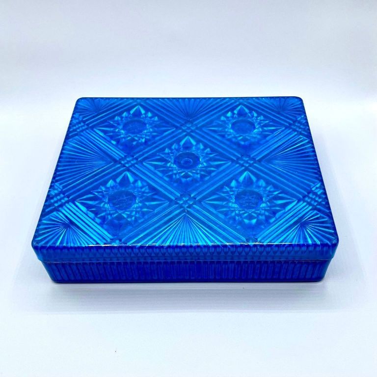 Lidded box of molded blue plastic imitating cut glass