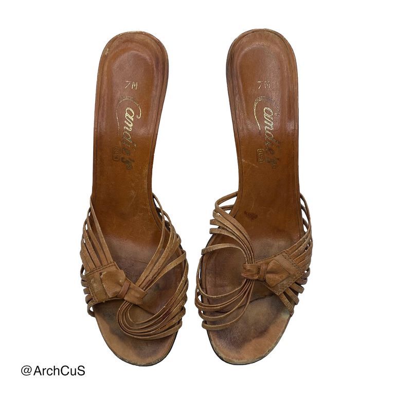 Candie's tan leather high-heeled slide sandals (mules)