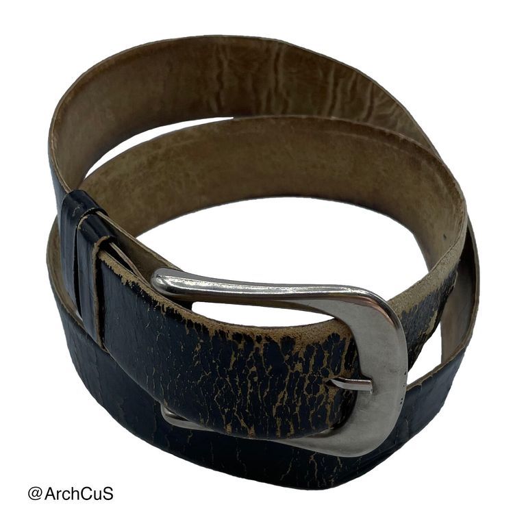 Black distressed-leather belt with nickel curved buckle