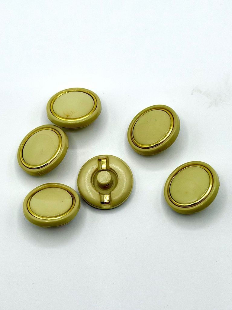 Set of Six Round Shank Buttons — Green with Gold-Tone Rim