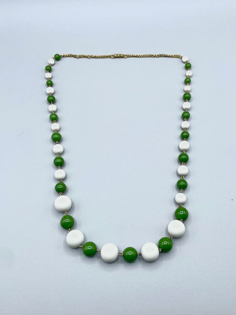 Beaded necklace of graduated green and white round beads with gold-tone links