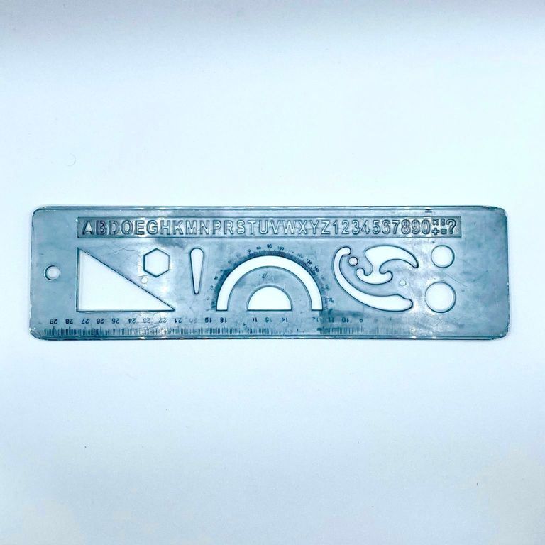 Combination drafting/drawing template-ruler (stencil, protractor, set-square, French curve), translucent plastic