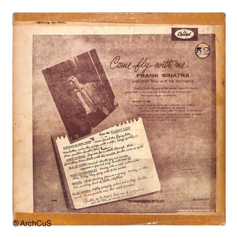 LP record "Come Fly with Me" — Frank Sinatra with Billy May and his Orchestra (Capitol W920), Cuban pressing "Hecho en Cuba por Panart Nacionalizada" - Image 2