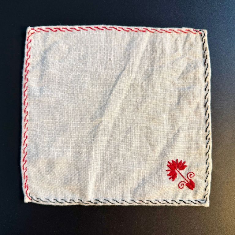 Set of Hand-Embroidered Linen Napkins/Coasters with Floral Motif