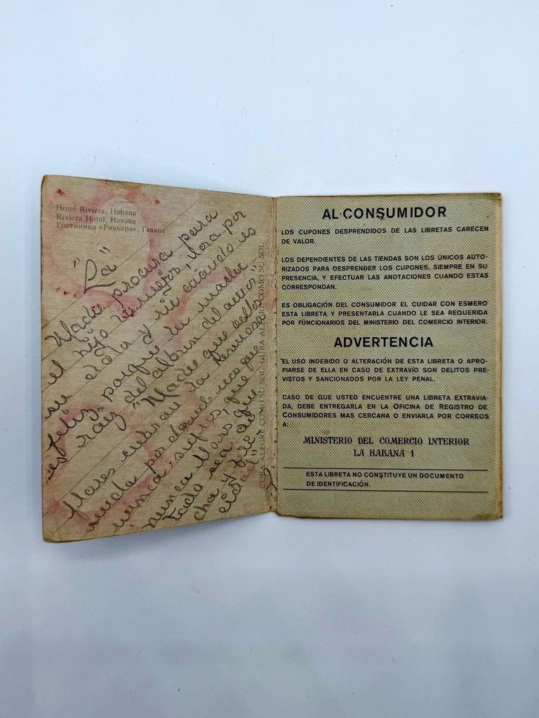 Libreta de Productos Industriales (Cuban industrial-goods / clothing ration book), 1989 — two examples with repurposed postcard covers - Image 2