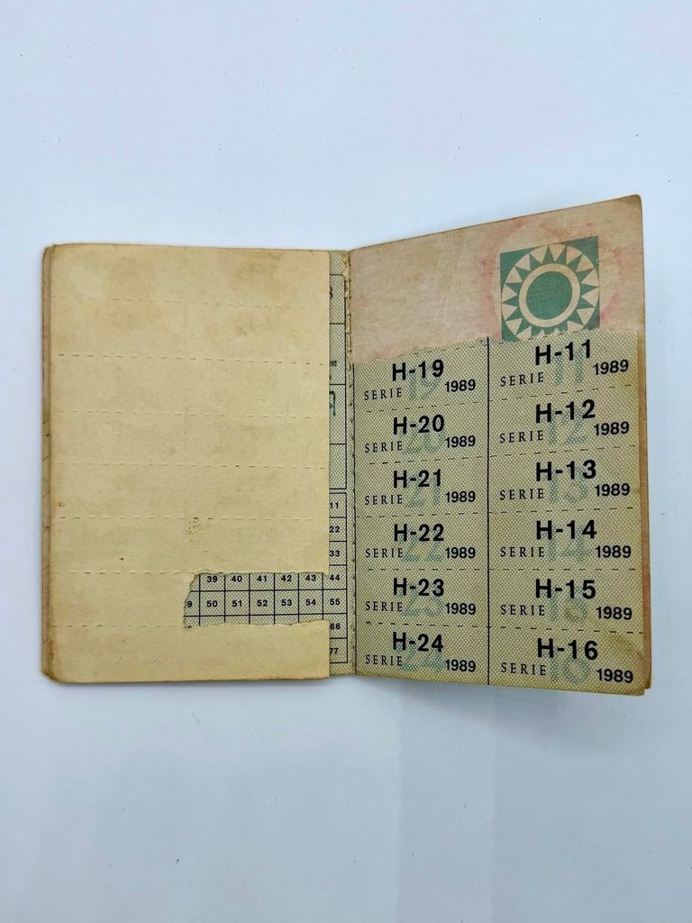 Libreta de Productos Industriales (Cuban industrial-goods / clothing ration book), 1989 — two examples with repurposed postcard covers - Image 3