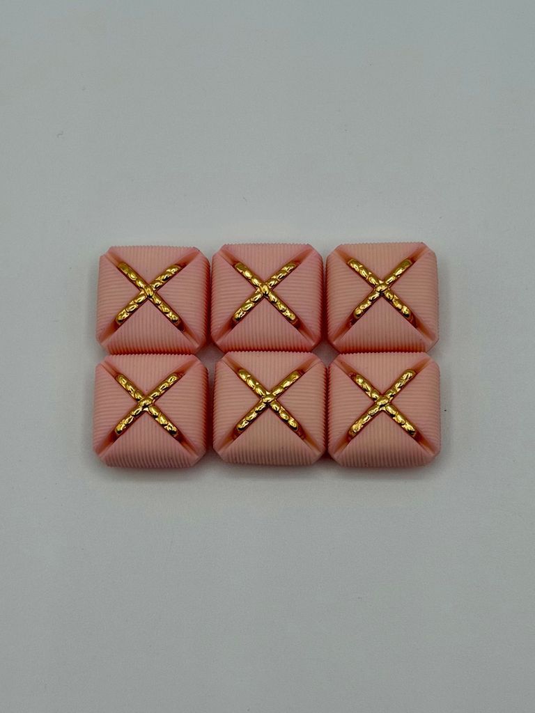 Set of six matching square buttons, pink with golden "X" motif - Image 2