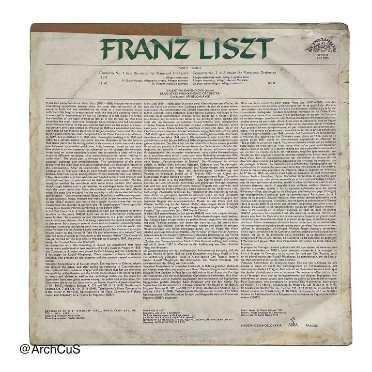 LP jacket (sleeve only) — Liszt, Piano Concertos, Valentina Kameníková / Brno State Philharmonic Orchestra / Jiří Bělohlávek (Supraphon 1 10 2085) - Image 2