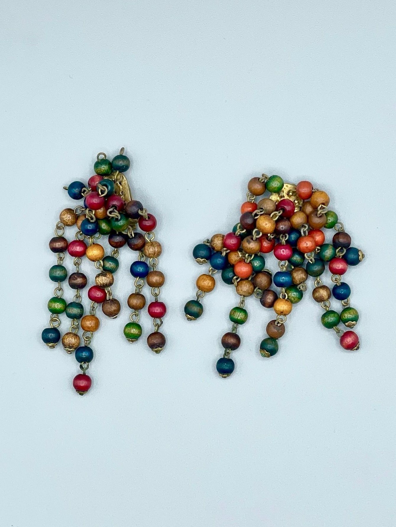          Pair of clip-on chandelier earrings, multicolored wooden beads picture number 1
   