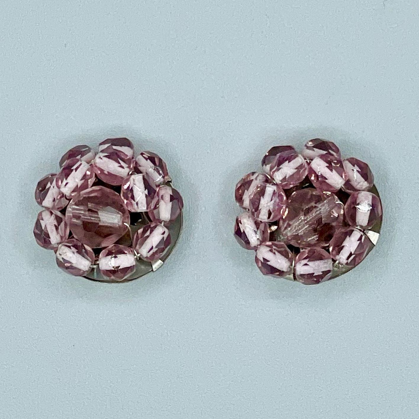          Pair of clip-on cluster earrings, amethyst/pink faceted glass picture number 1
   