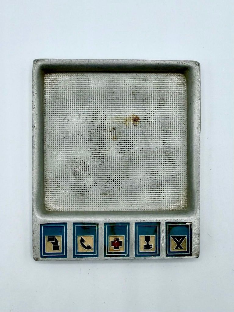 Soviet aluminum desk tray / memo holder with telephone-information pictograms