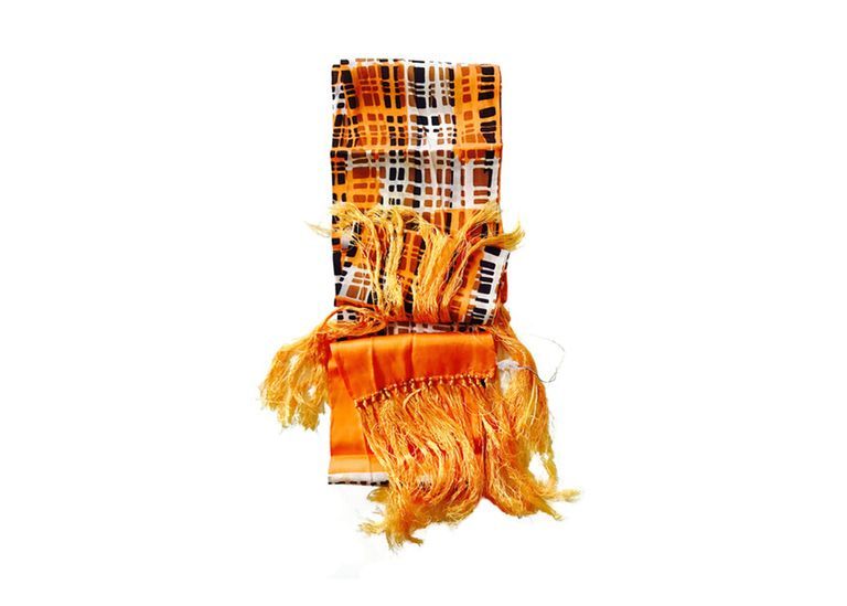 Fringed scarf, orange plaid print (hand-printed, Japan)