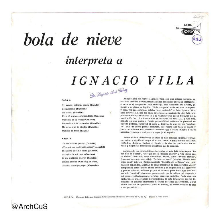 LP record album — Bola de Nieve interpreta a Ignacio Villa (Areíto / EGREM, LD-3214), jacket and disc - Image 2