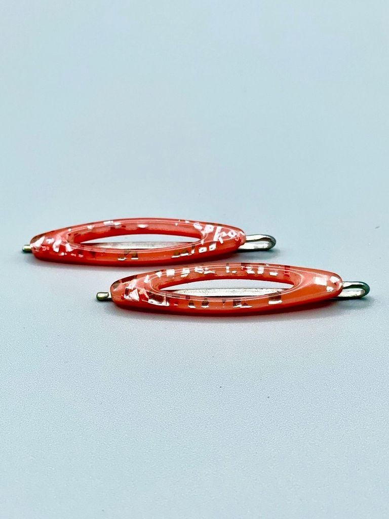 Confetti-lucite "Flower Brand" hair pins (red, pair), on original card