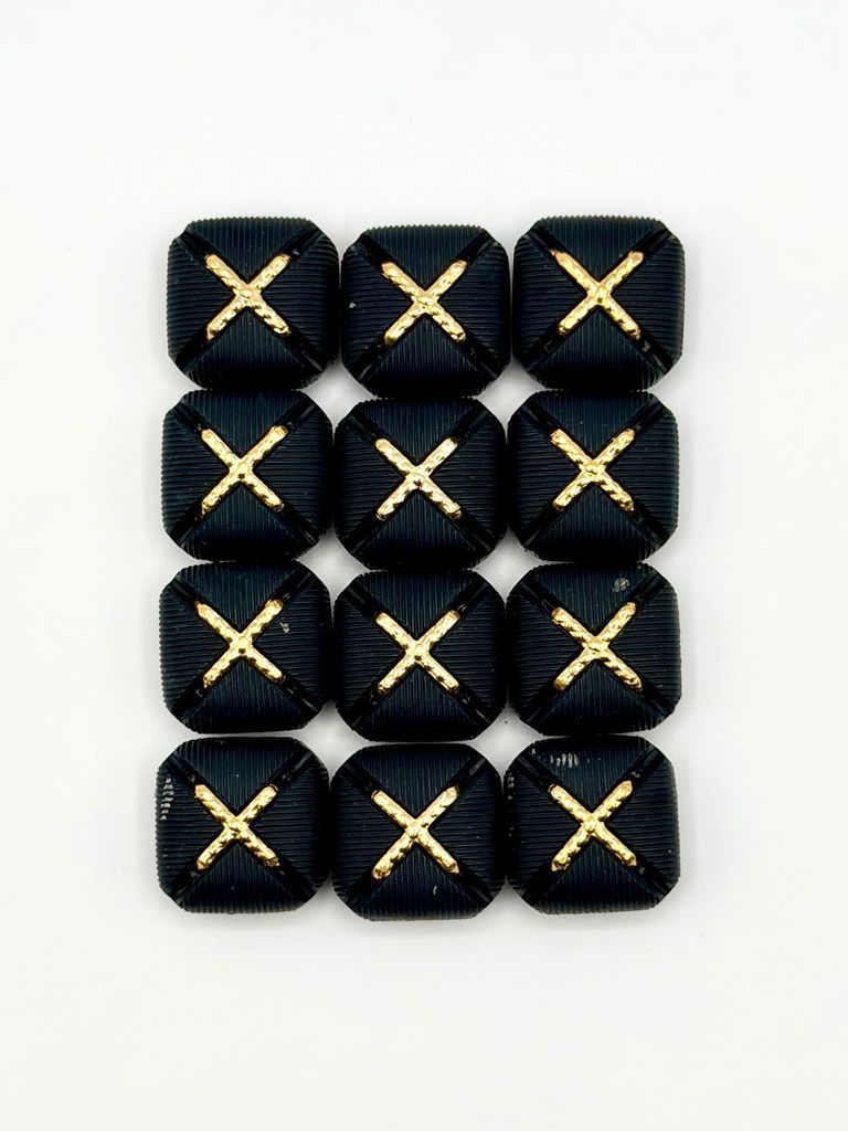 Set of twelve matching square buttons, black with golden "X" motif